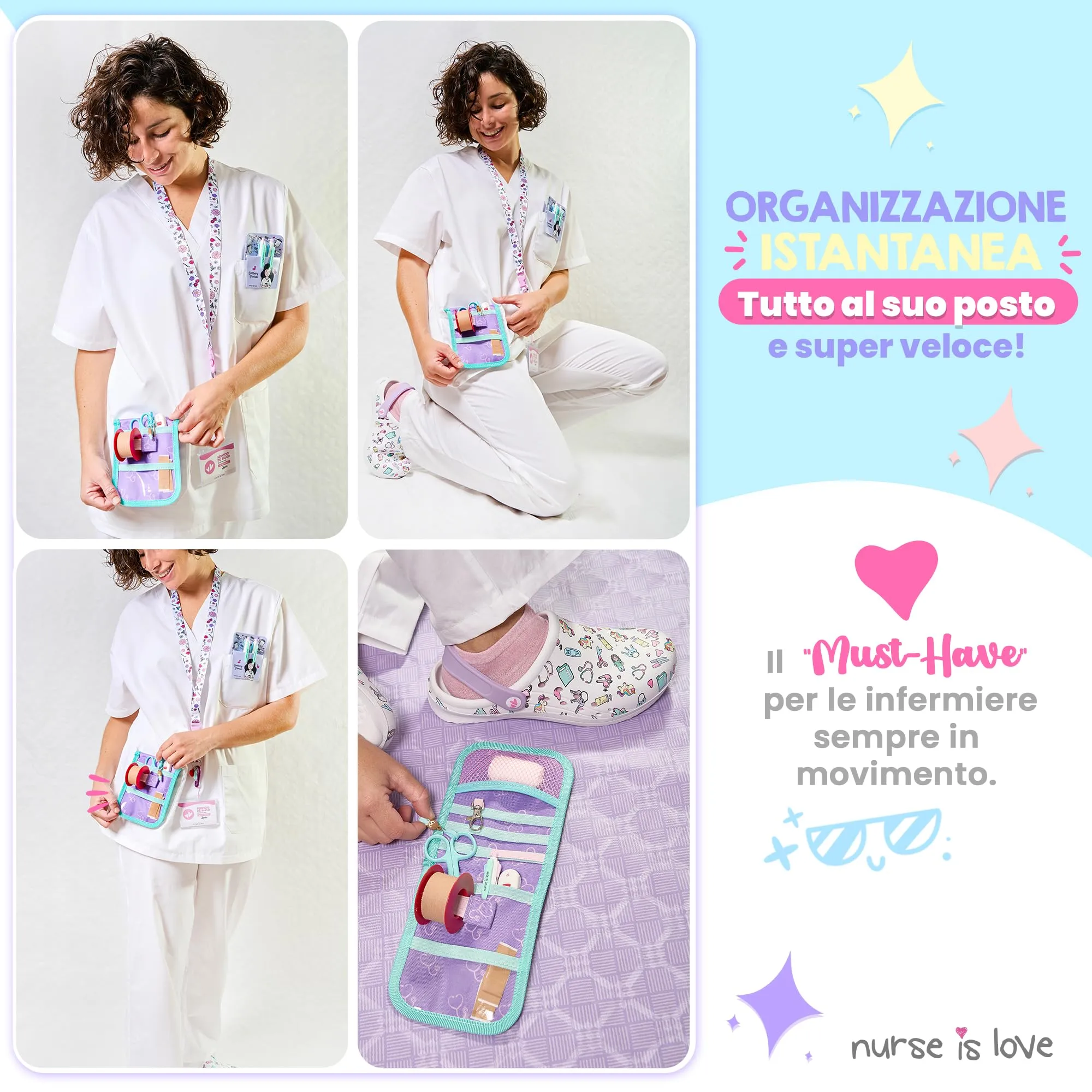 Nurse is Love Organizer da taschino magnetico per divisa sanitaria - Viola Stetoscopi, Geometrico - immagine 2