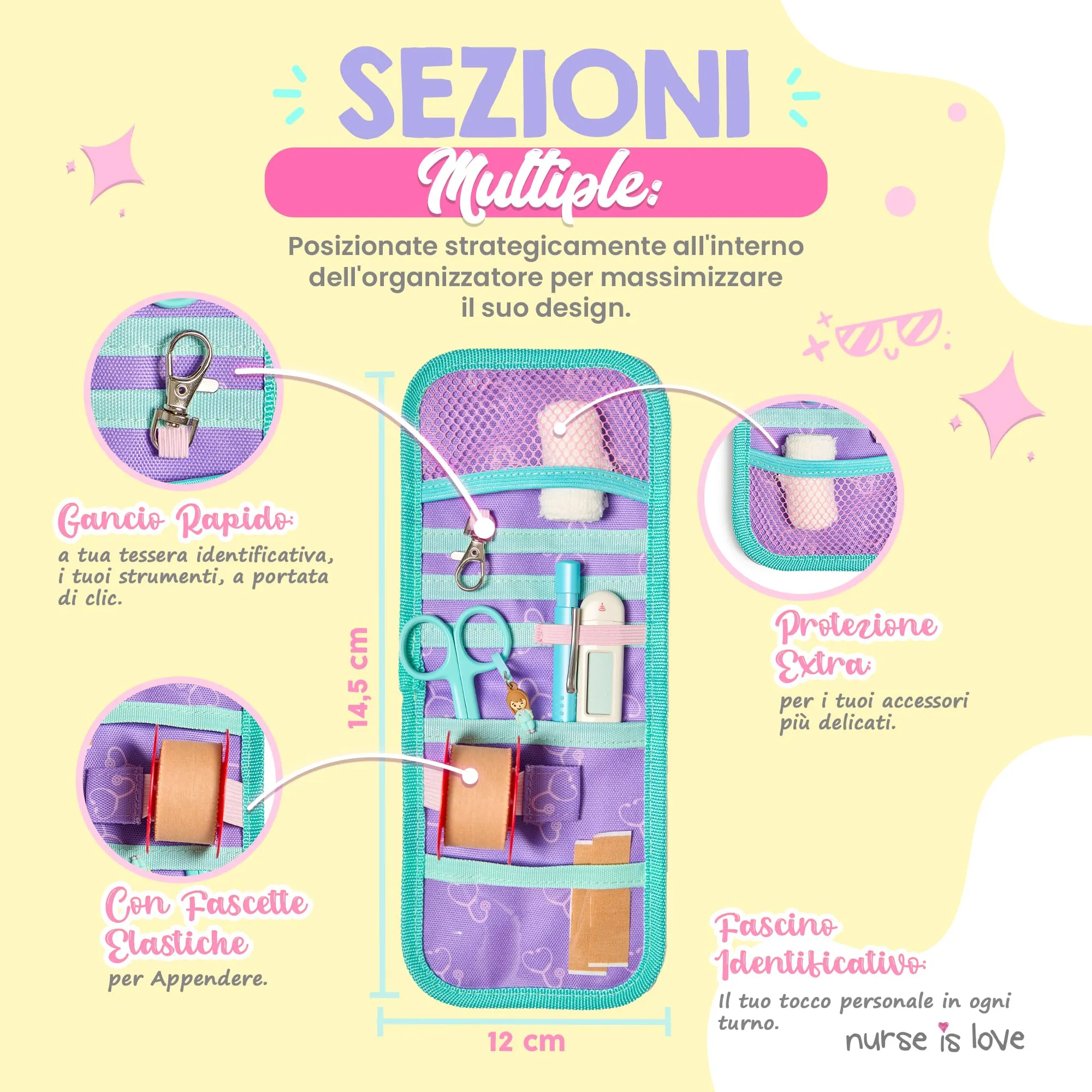 Nurse is Love Organizer da taschino magnetico per divisa sanitaria - Viola Stetoscopi, Geometrico - immagine 3