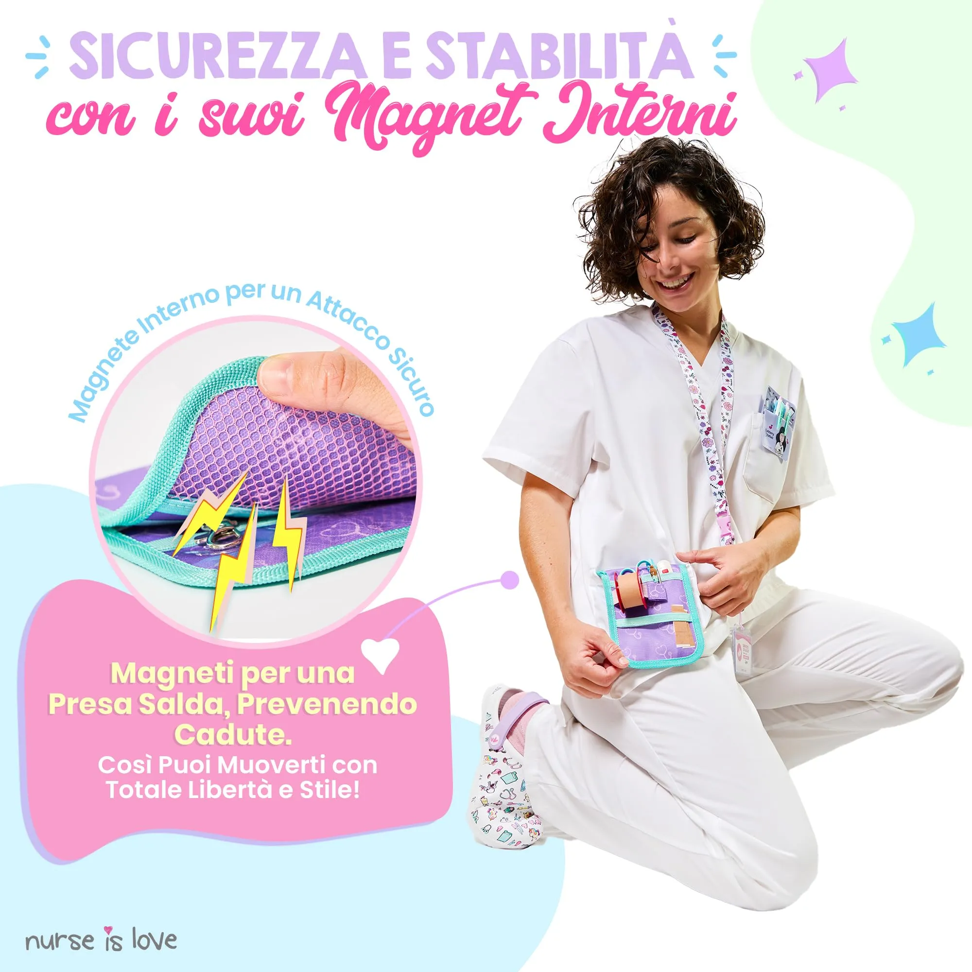 Nurse is Love Organizer da taschino magnetico per divisa sanitaria - Viola Stetoscopi, Geometrico - immagine 4