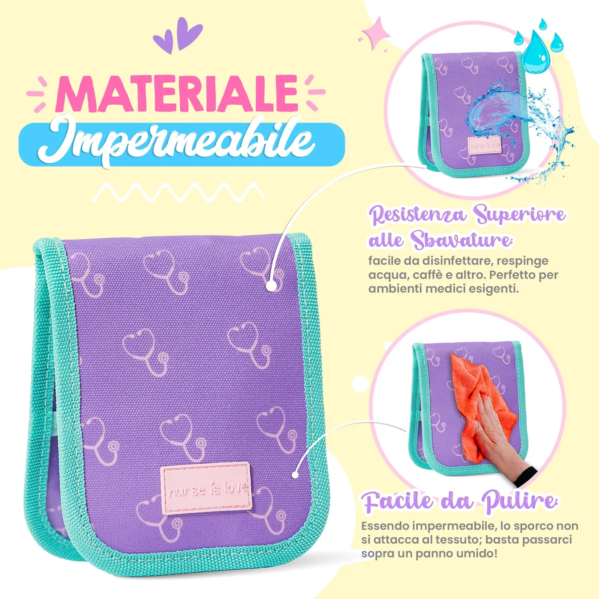 Nurse is Love Organizer da taschino magnetico per divisa sanitaria - Viola Stetoscopi, Geometrico - immagine 5