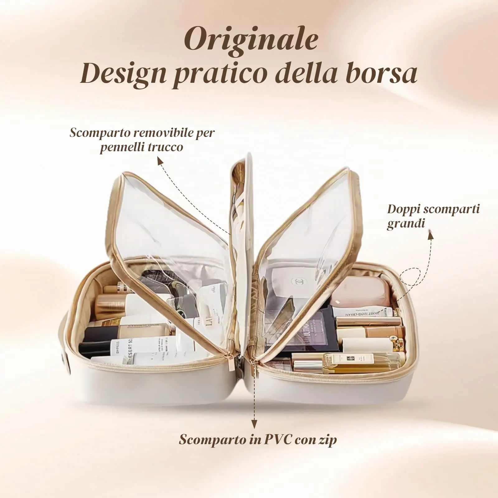 Aucuu Beauty Case in Pelle PU Impermeabile con Scomparti per Pennelli Rimovibili, 25*11.5*18.5cm - immagine 2