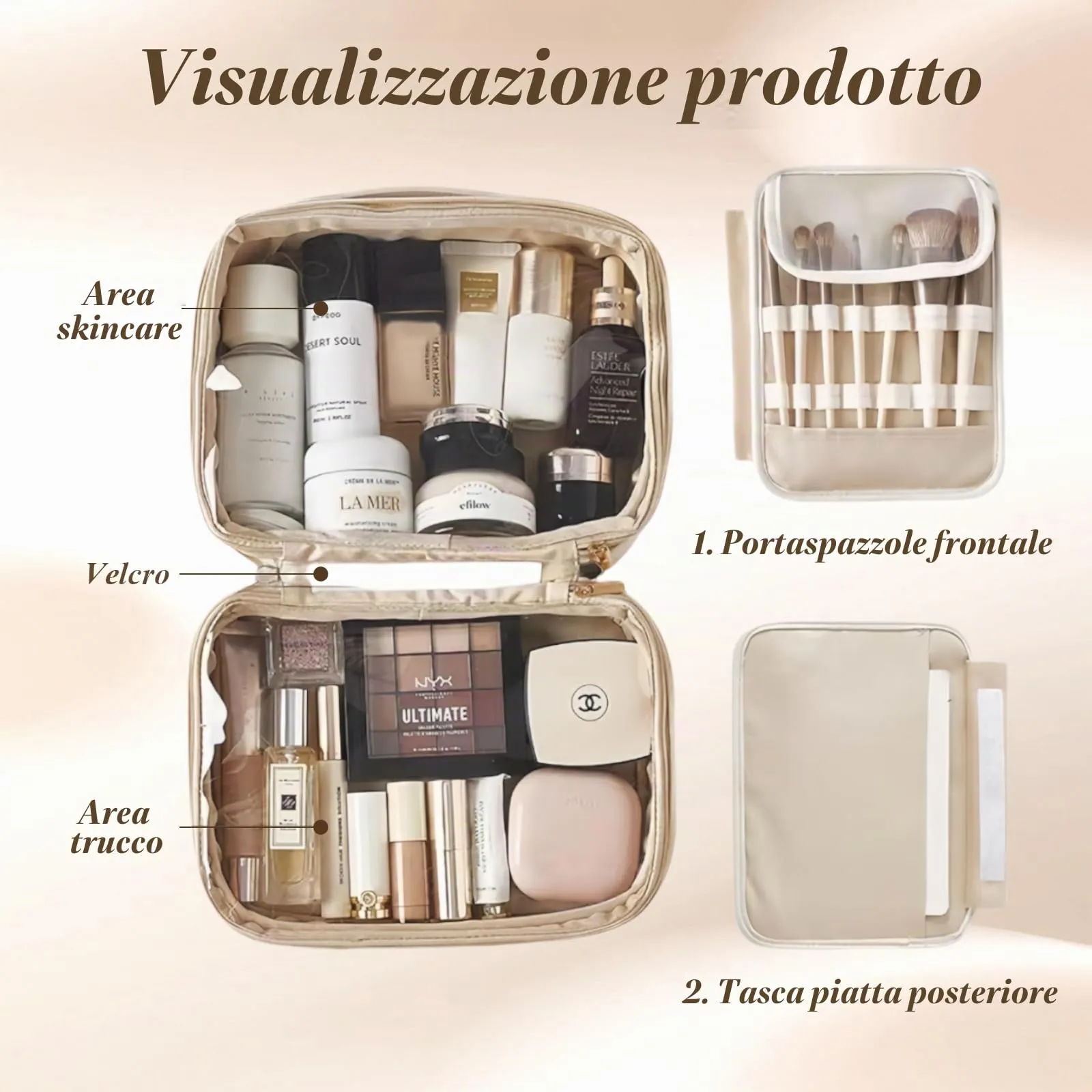 Aucuu Beauty Case in Pelle PU Impermeabile con Scomparti per Pennelli Rimovibili, 25*11.5*18.5cm - immagine 4