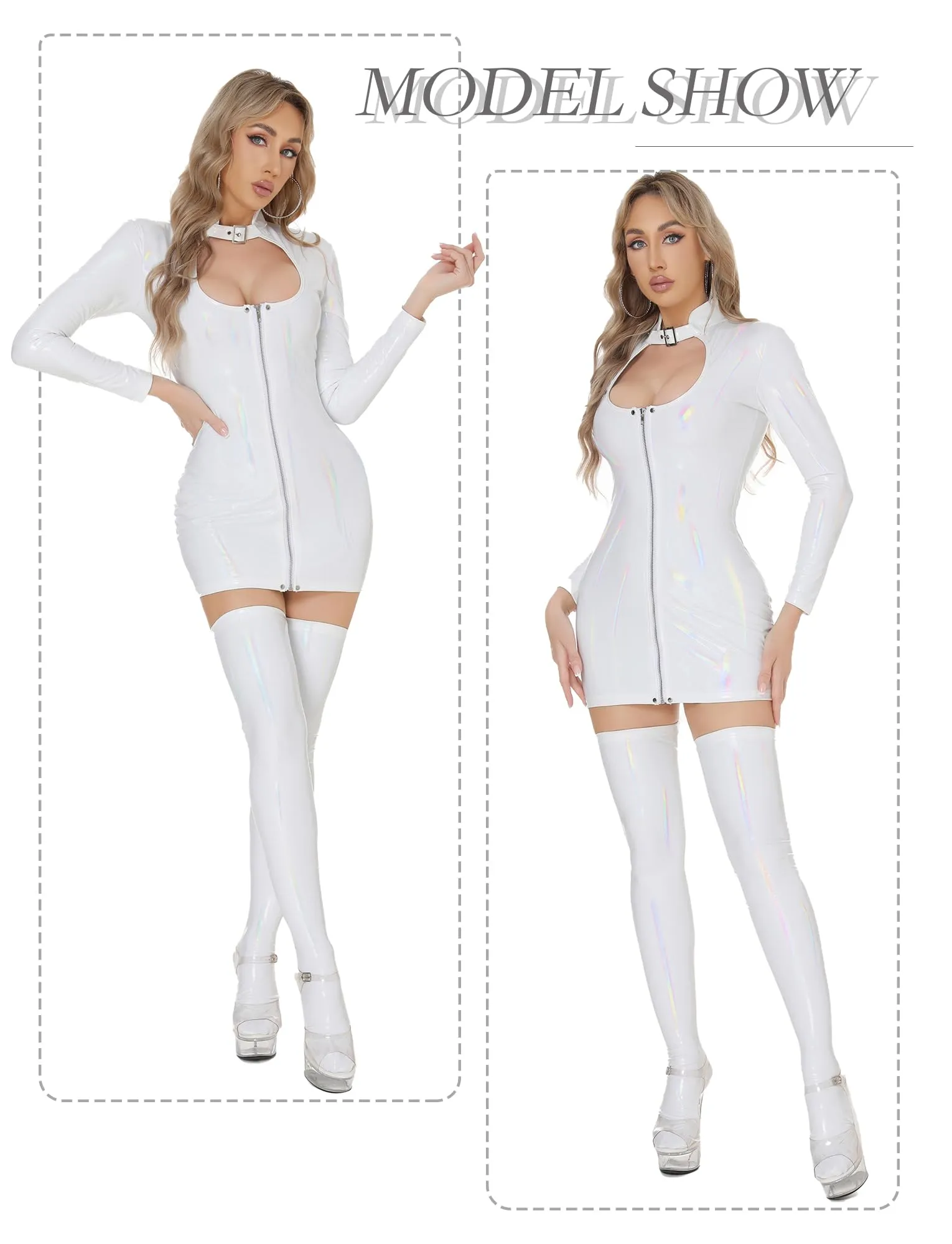 AIEOE Abito da Donna in Pelle Lucida Aderente con Cerniera, Bianco - immagine 5