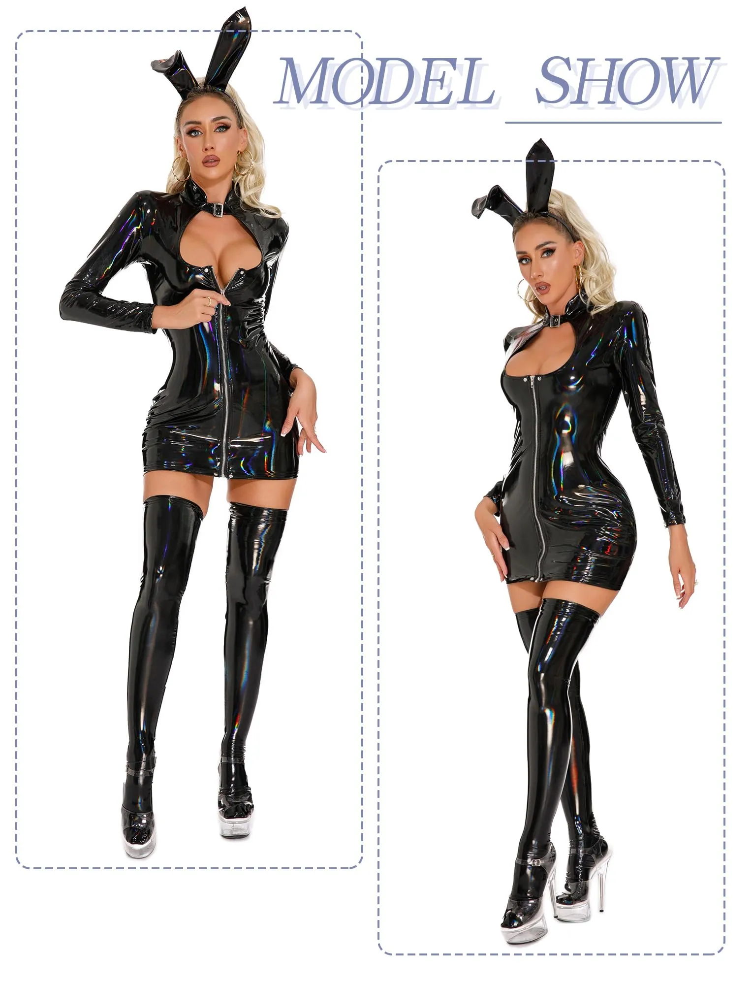 AIEOE Tuta Sexy con Cerniera Bodycon, Nero, S-M - immagine 5