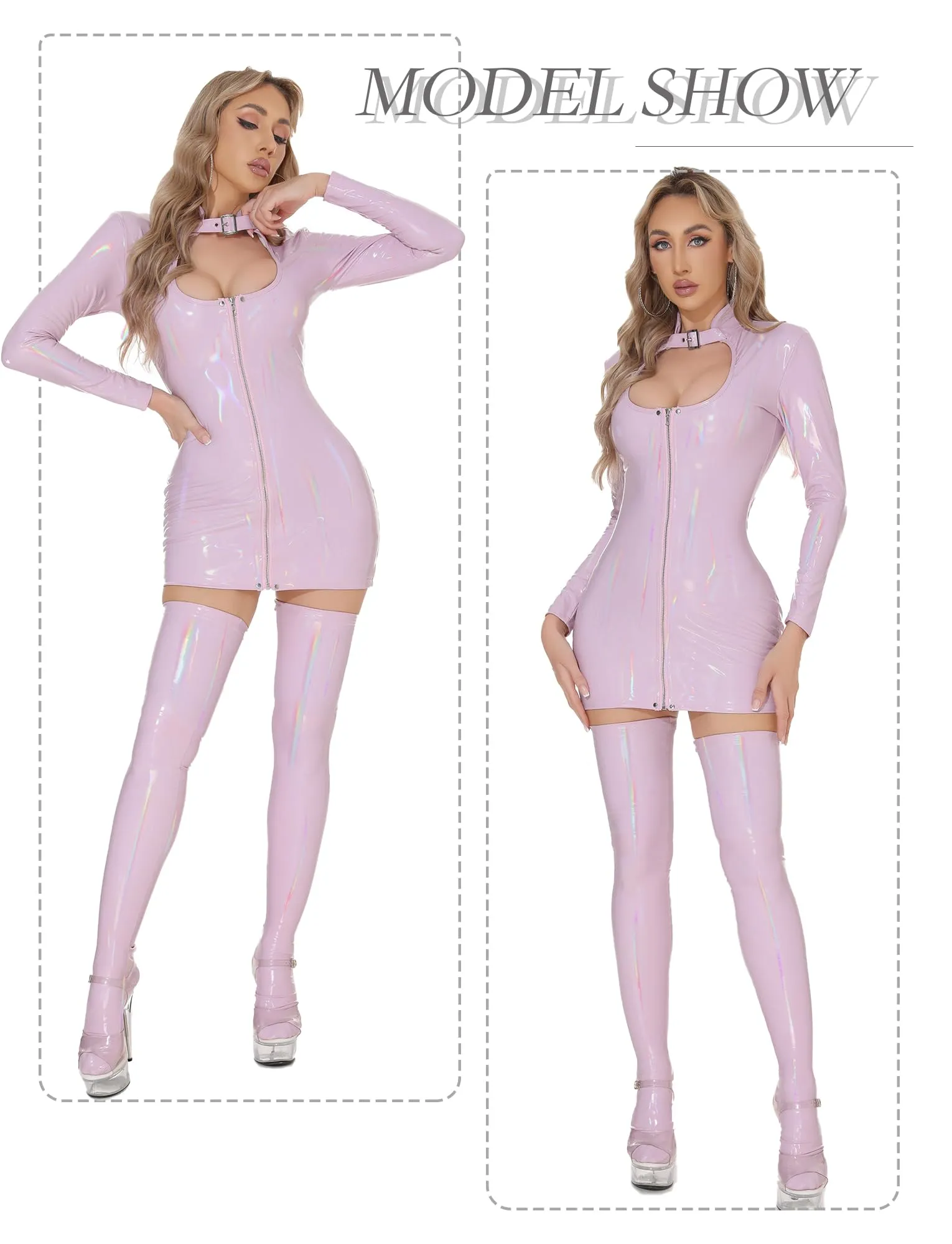 AIEOE Abito da Donna in Pelle Lucida Aderente con Cerniera, Viola, L-XL - immagine 5