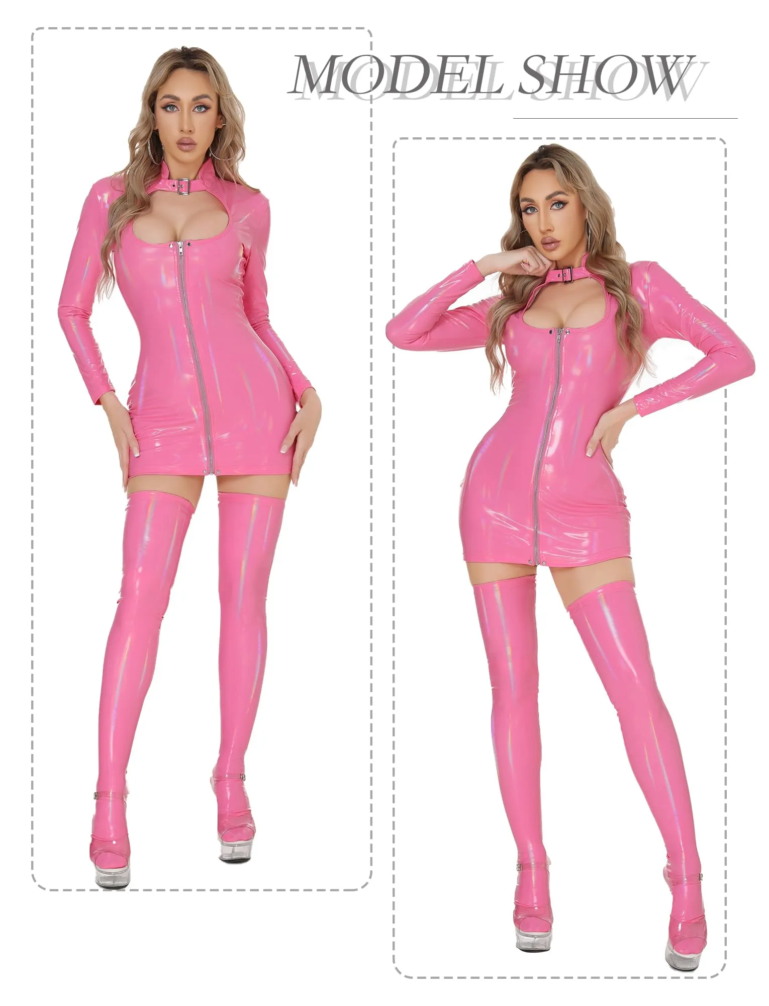 AIEOE Tuta Sexy con Cerniera Bodycon, Rosa, S-M - immagine 5