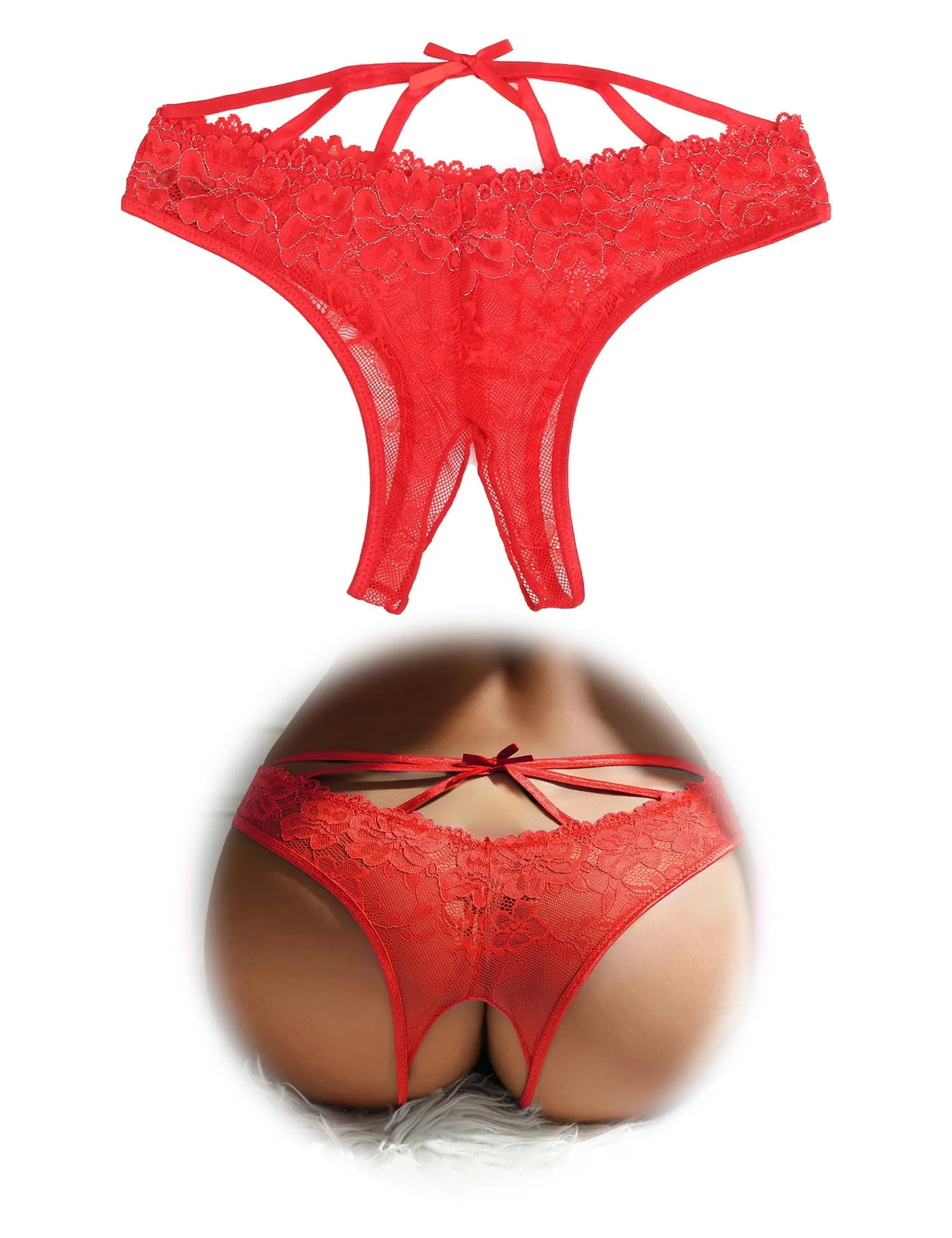 sunshinelady Perizoma Donna Pizzo Tanga Aperto Brasiliana Curvy Rosso XL - immagine 1