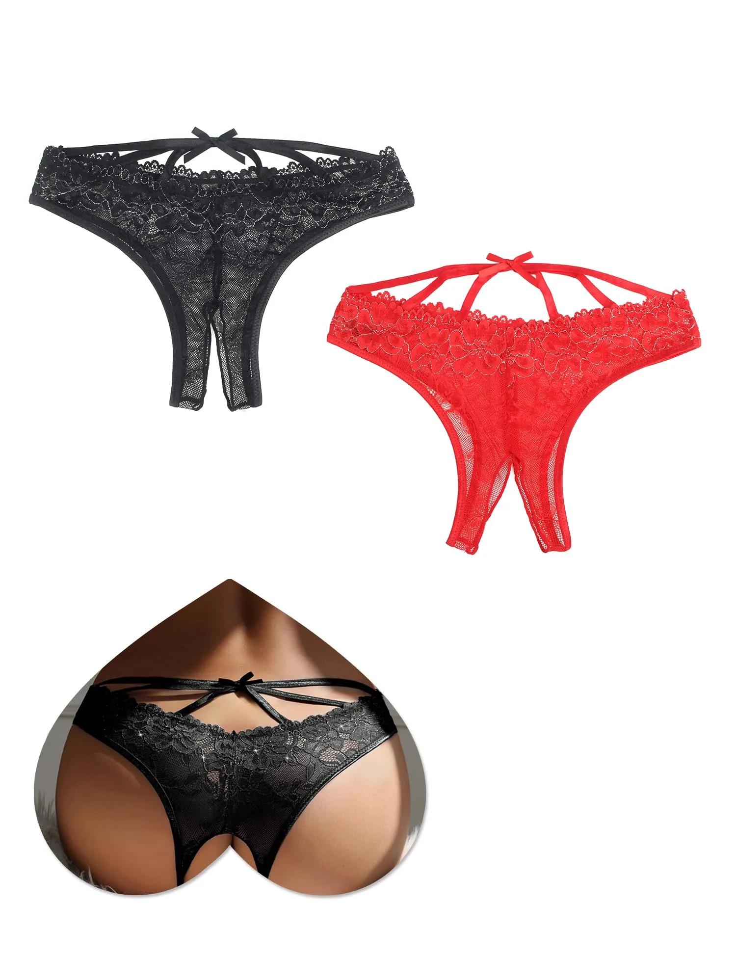sunshinelady Perizoma Donna in Pizzo Tanga Brasiliana Aperto, 2 Pezzi, Nero Rosso, XL - immagine 1