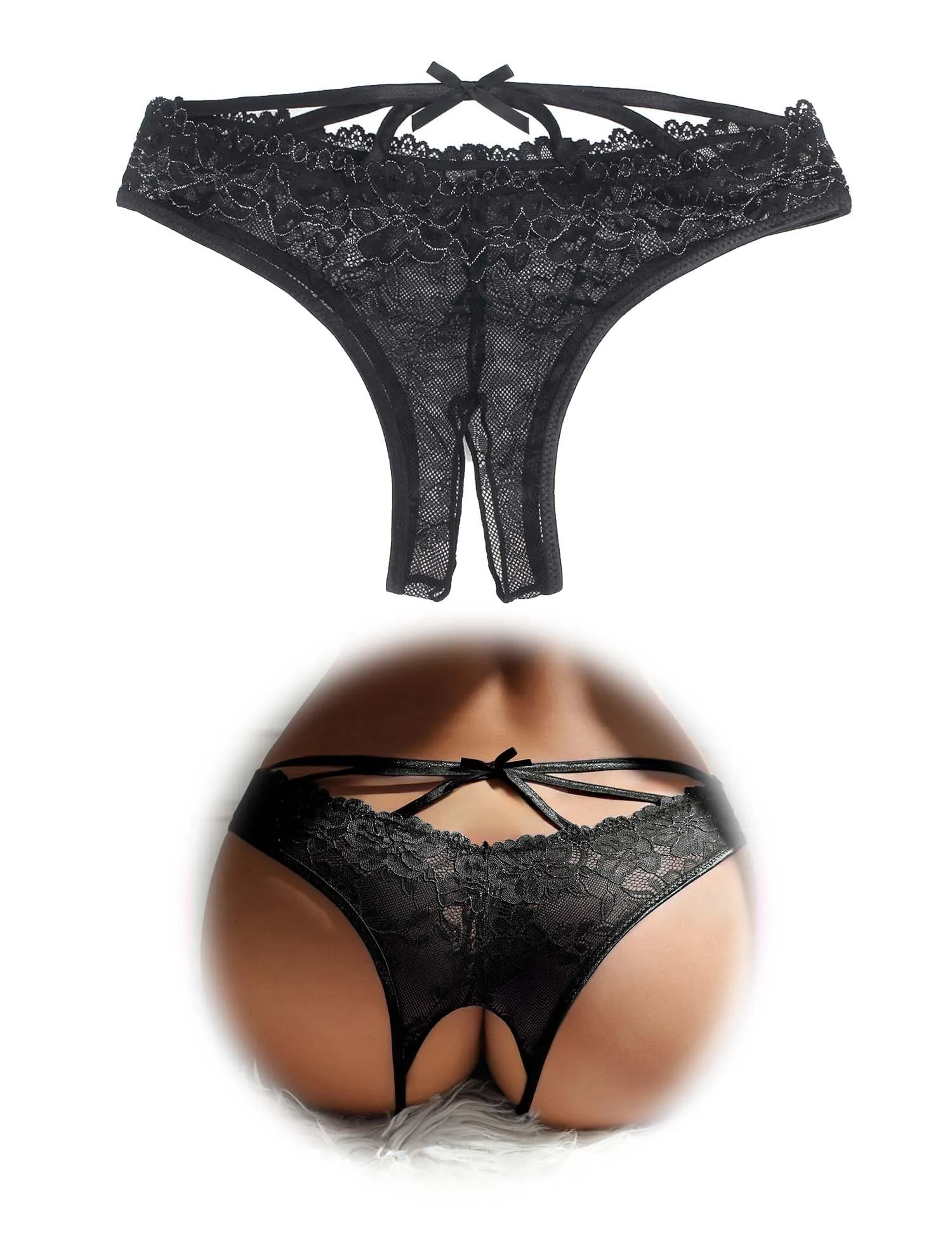 sunshinelady Perizoma Donna Pizzo Tanga Aperto Brasiliana Slip Taglie Forti Nero M - immagine 1