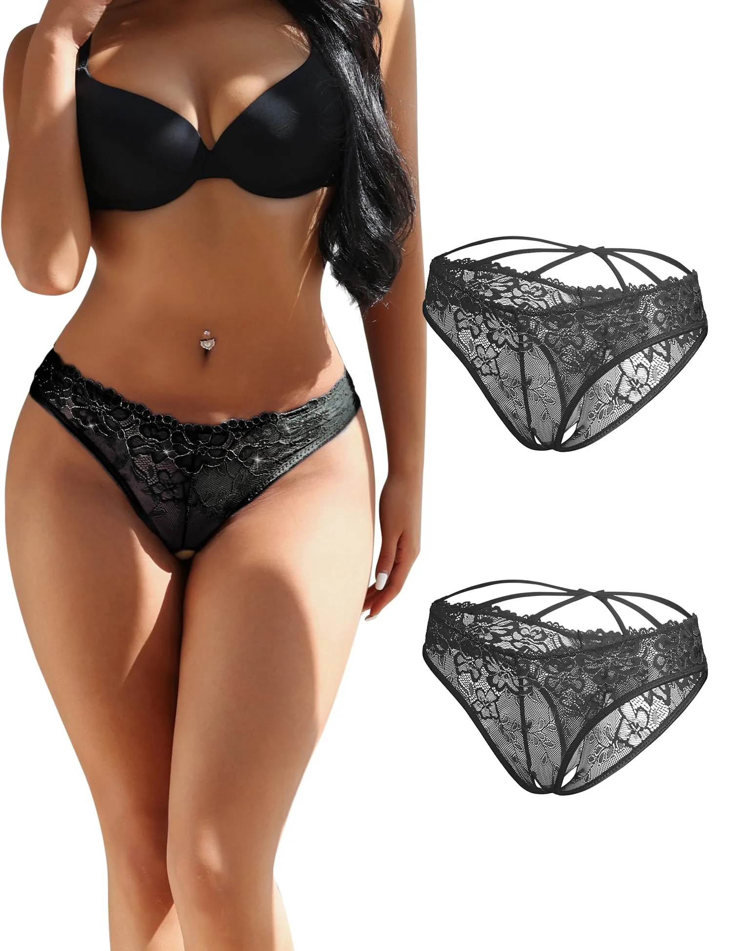sunshinelady Perizoma Donna Pizzo Tanga Aperto Brasiliana Slip Vita Bassa Nero, S, 2 Pezzi - immagine 1