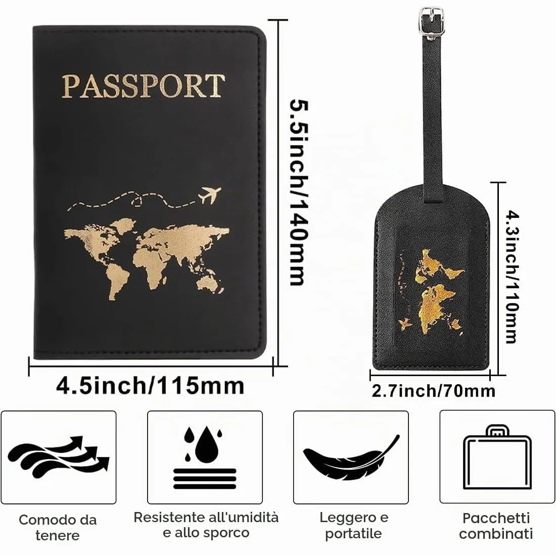 OIXEYA Set Portapassaporto con Blocco RFID ed Etichette per Bagaglio, 2 Set (Nero, Bianco) - immagine 2