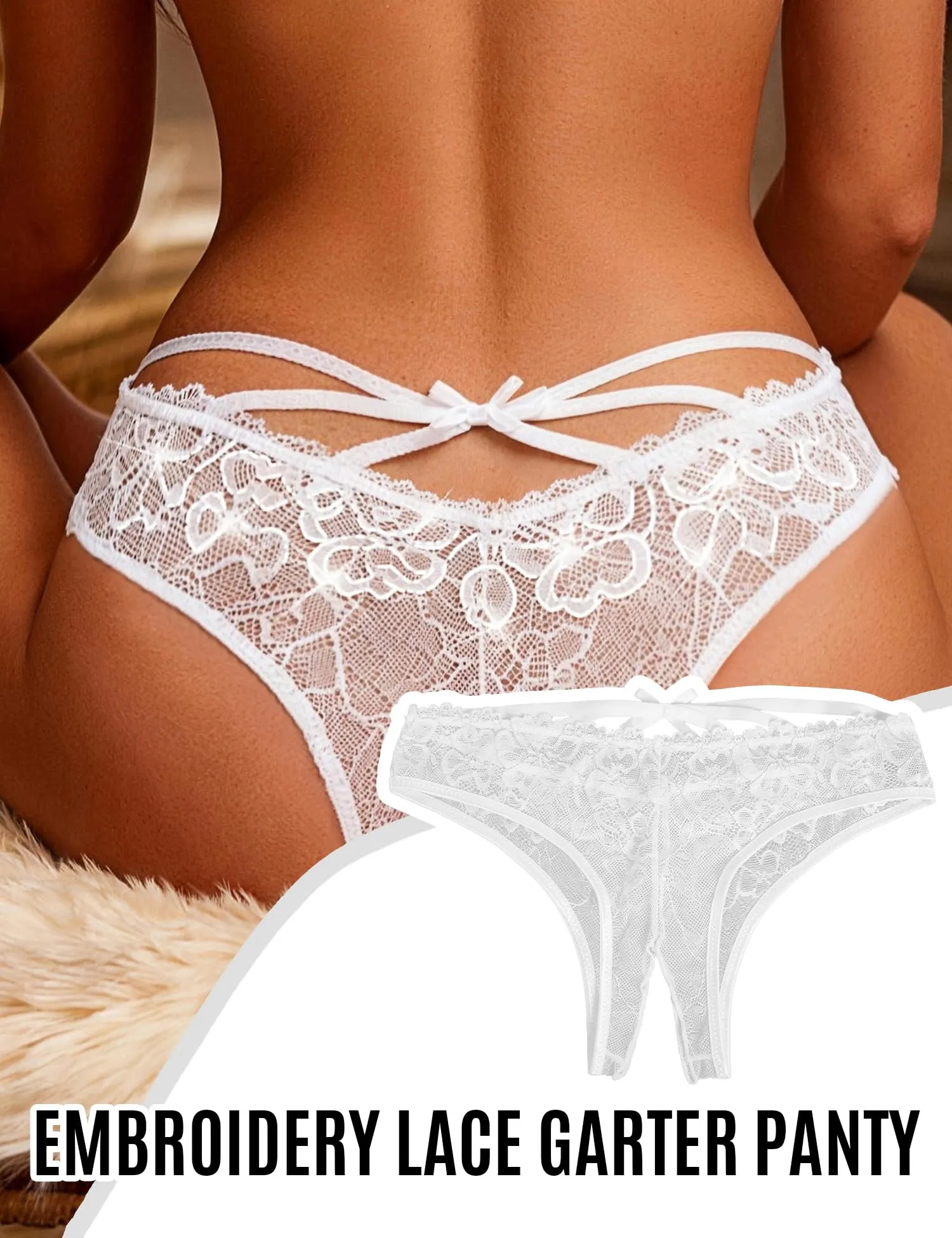 sunshinelady Perizoma Donna Pizzo Tanga Aperto Brasiliana Curvy Bianco L - immagine 3
