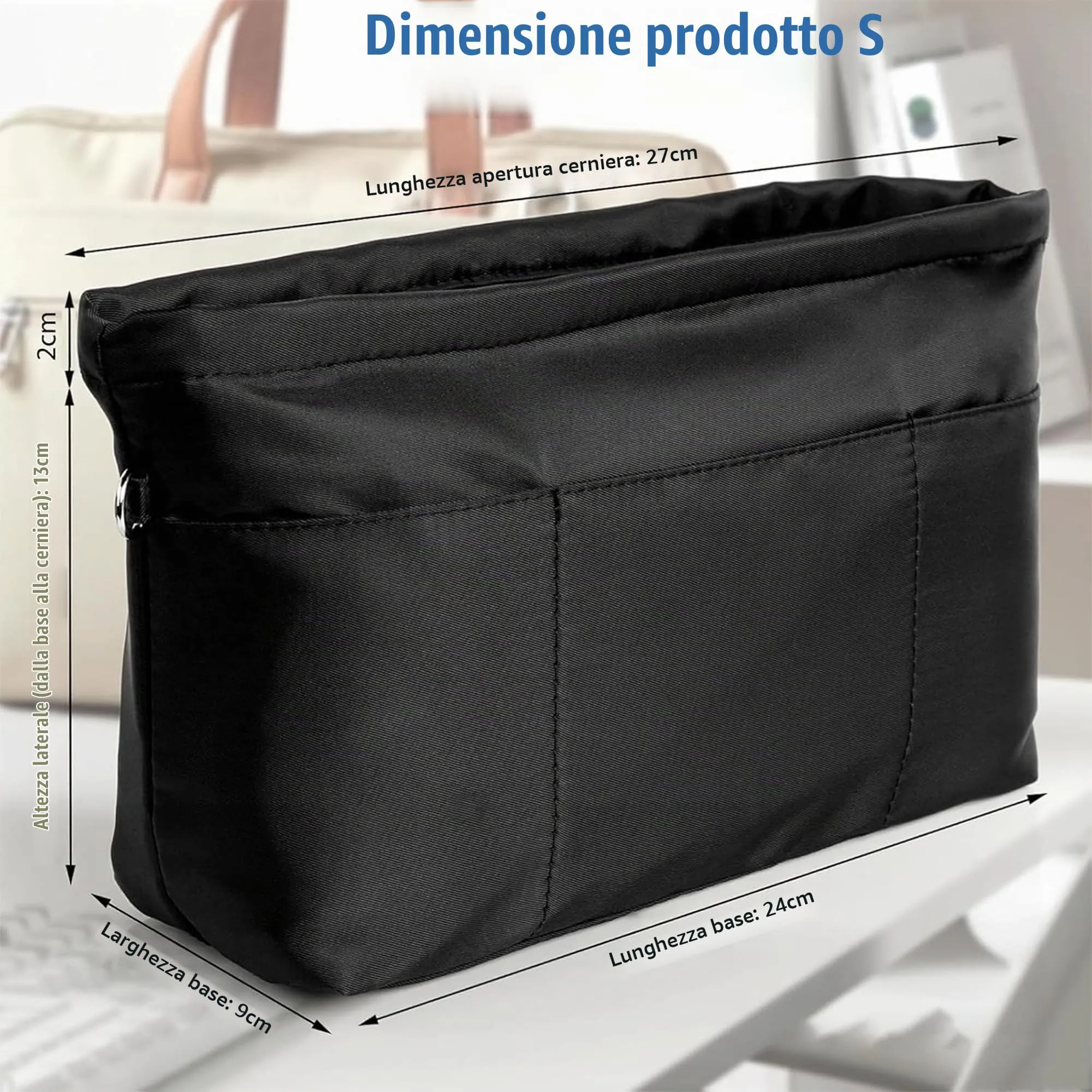 Cozary Organizzatore in Nylon per Borsa Donna Piccolo S, 12 Scomparti, Nero, 24x9x13 cm - immagine 2