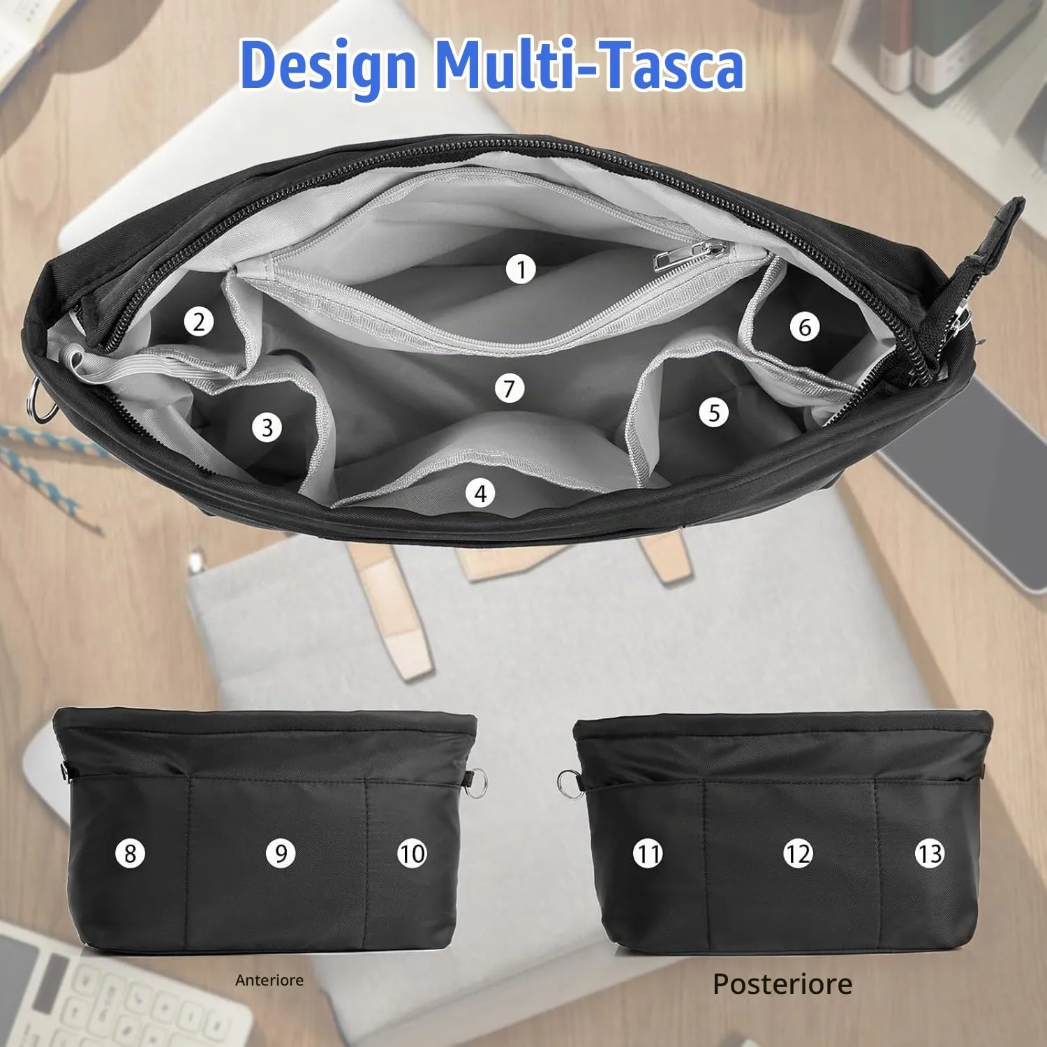 Cozary Organizzatore in Nylon per Borsa Donna Piccolo S, 12 Scomparti, Nero, 24x9x13 cm - immagine 3