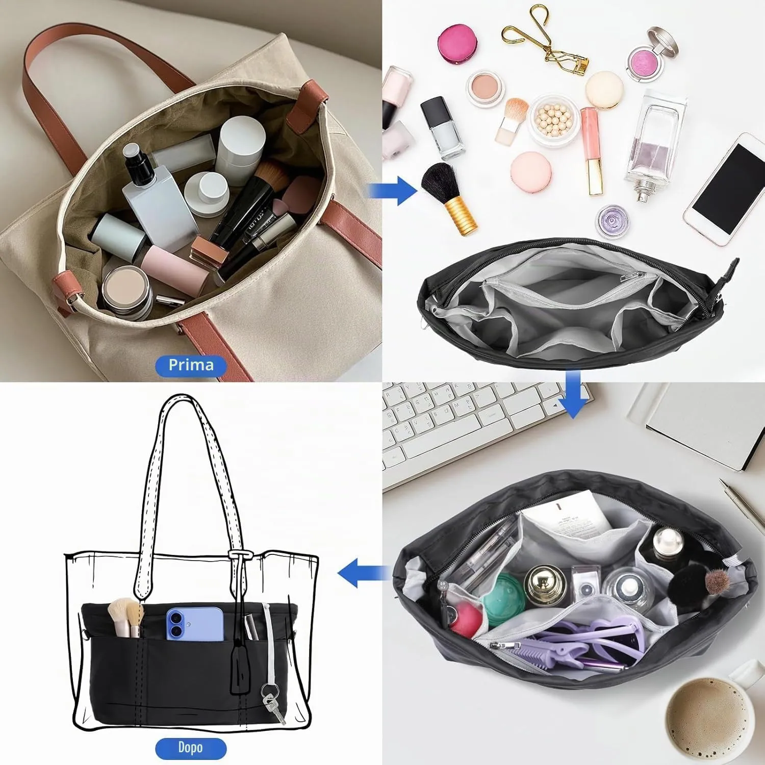 Cozary Organizzatore in Nylon per Borsa Donna Piccolo S, 12 Scomparti, Nero, 24x9x13 cm - immagine 5