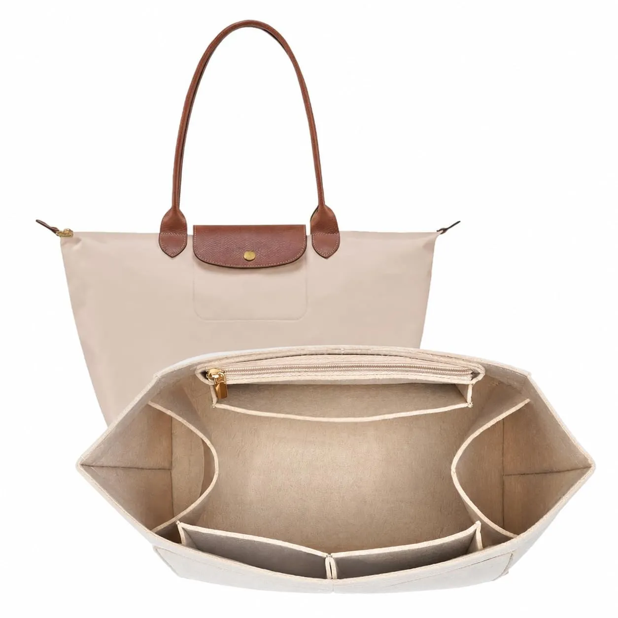 CQHK Organizer in feltro per Longchamp Le Pliage L, con cerniera e scomparti multipli, beige - immagine 1
