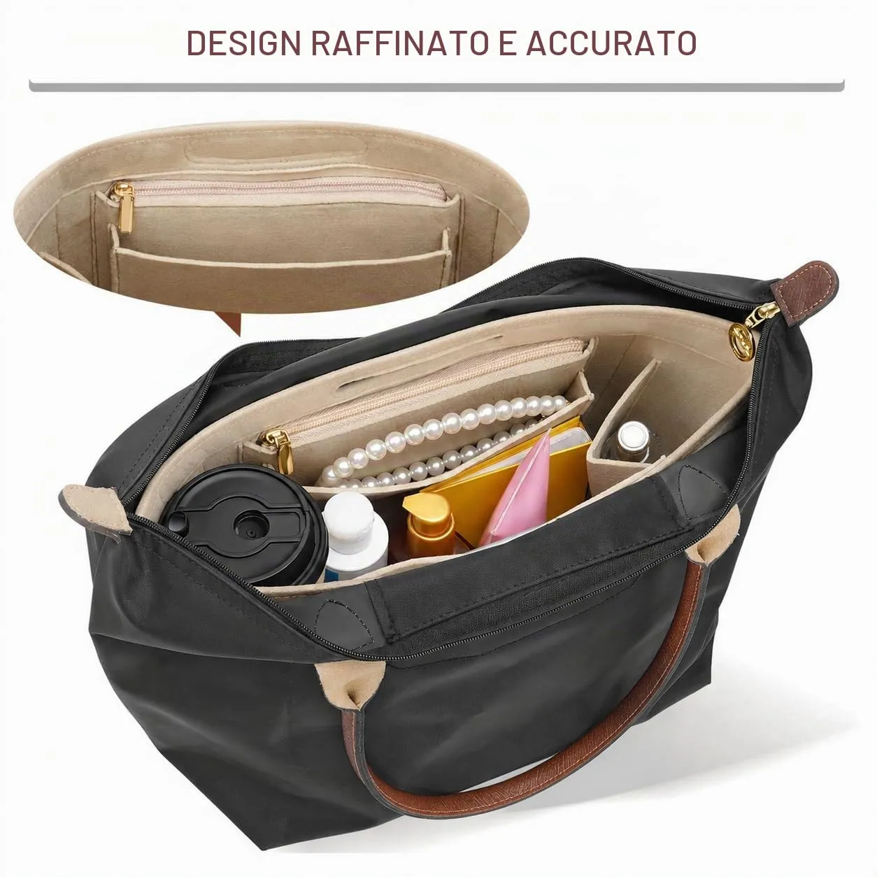CQHK Organizer in feltro per Longchamp Le Pliage L, con cerniera e scomparti multipli, beige - immagine 6