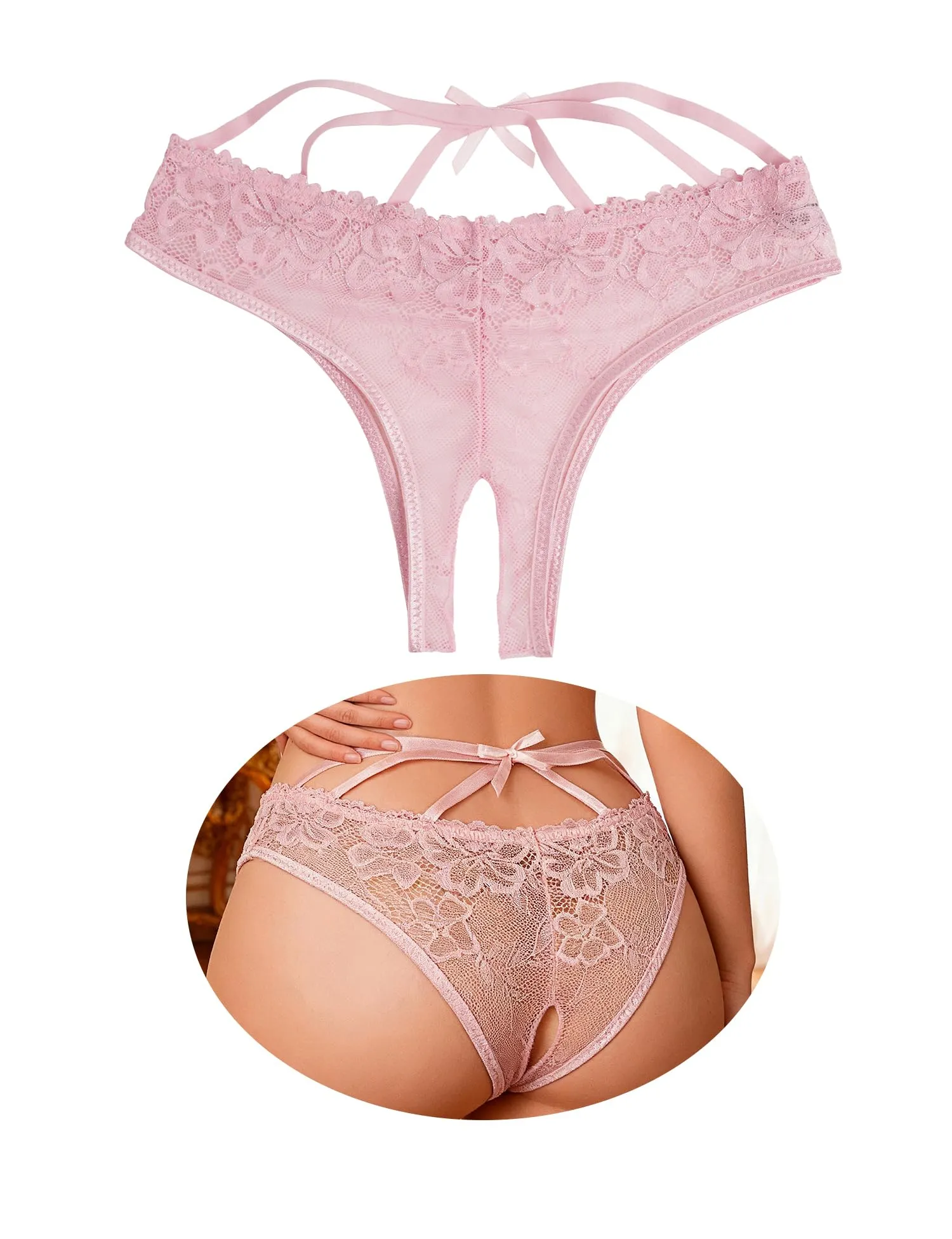 sunshinelady Perizoma Donna Pizzo Tanga Aperto Brasiliana Rosa Chiaro S - immagine 1