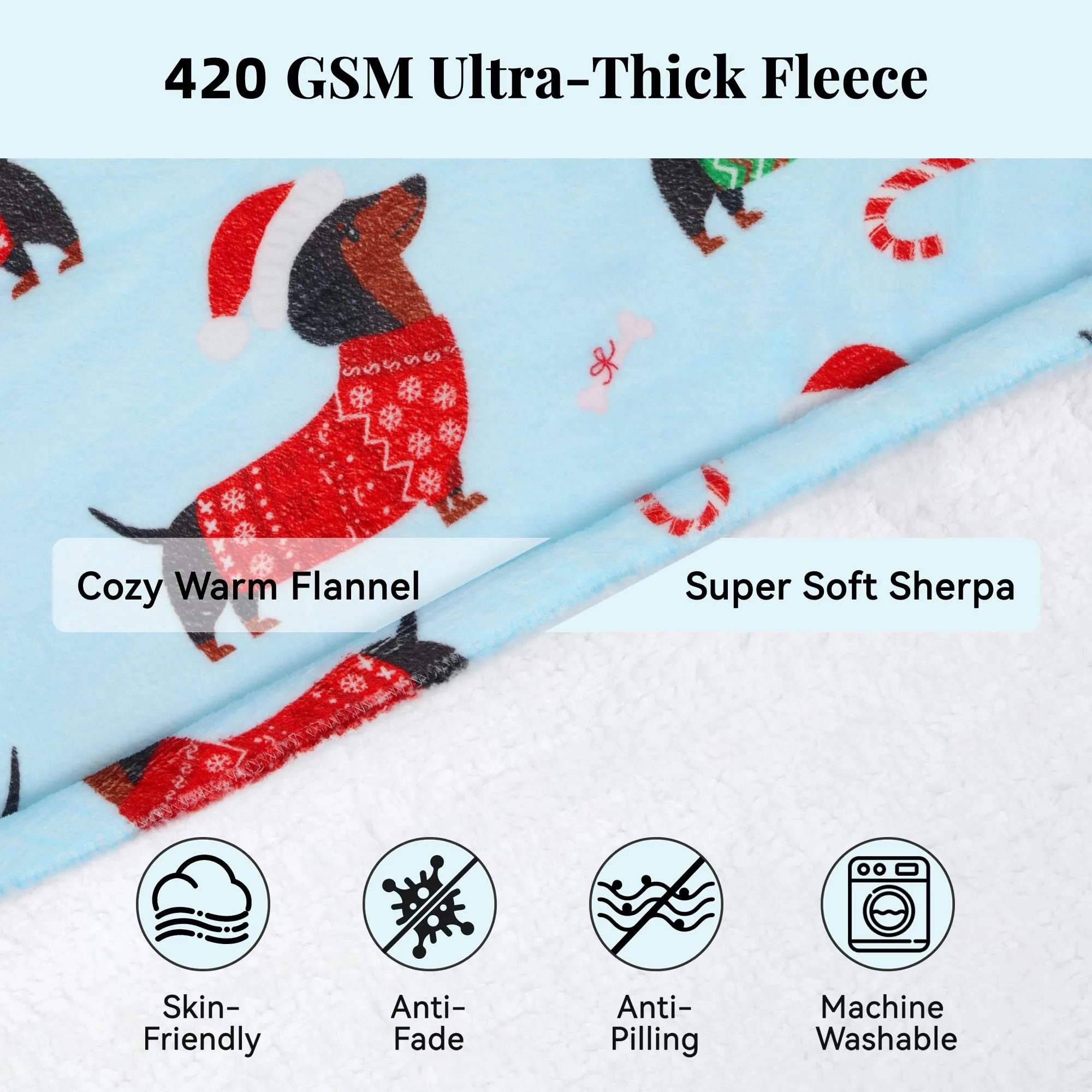 Queenshin Felpa Coperta con Cappuccio e Maniche Oversize Bassotto di Natale Blu Taglia Unica - immagine 3