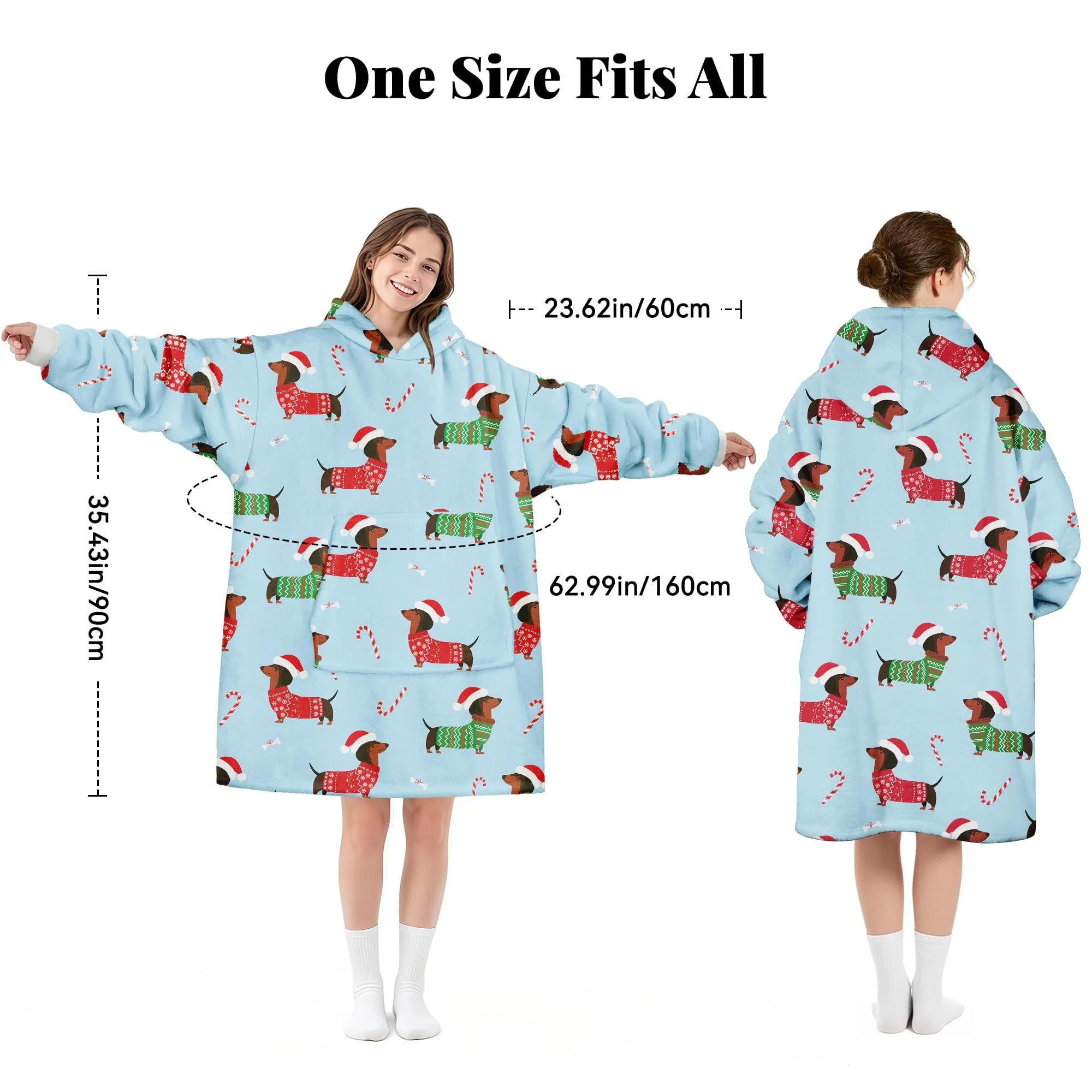 Queenshin Felpa Coperta con Cappuccio e Maniche Oversize Bassotto di Natale Blu Taglia Unica - immagine 4