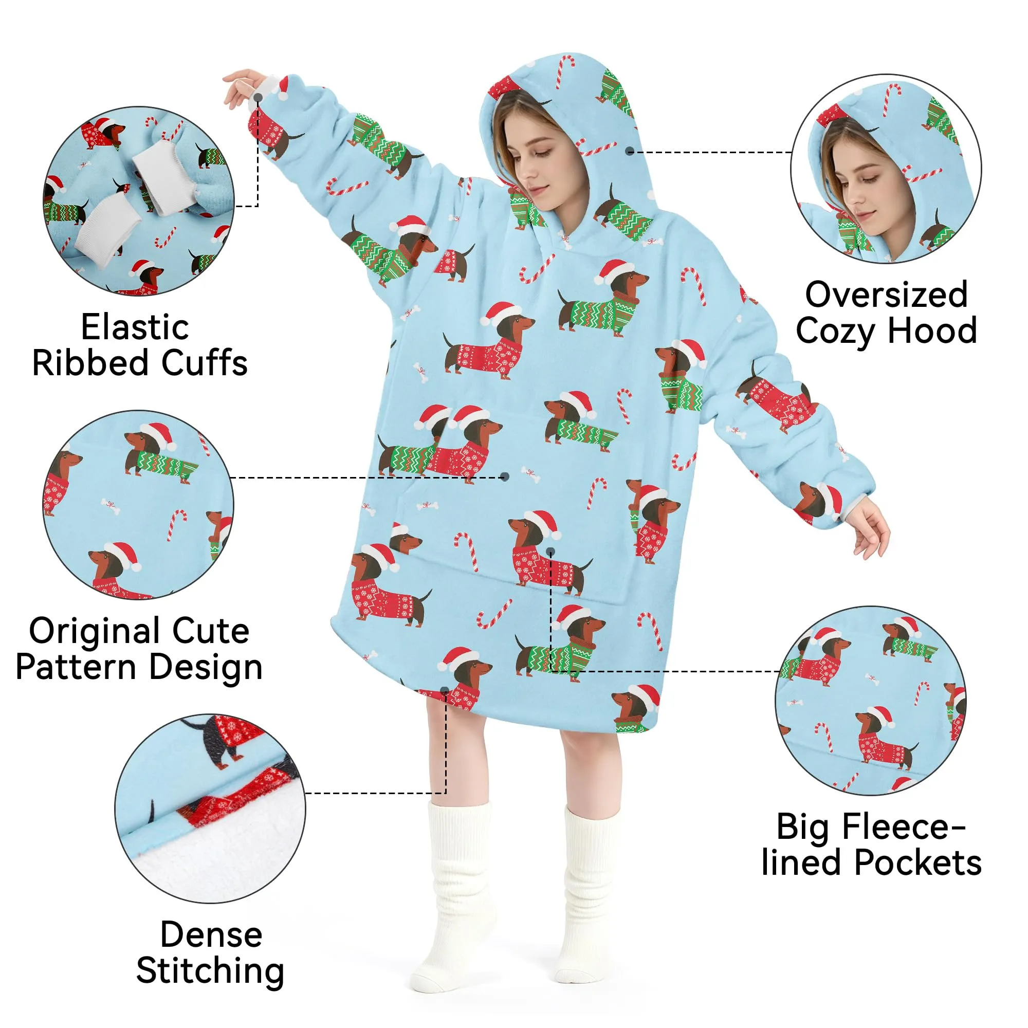 Queenshin Felpa Coperta con Cappuccio e Maniche Oversize Bassotto di Natale Blu Taglia Unica - immagine 5