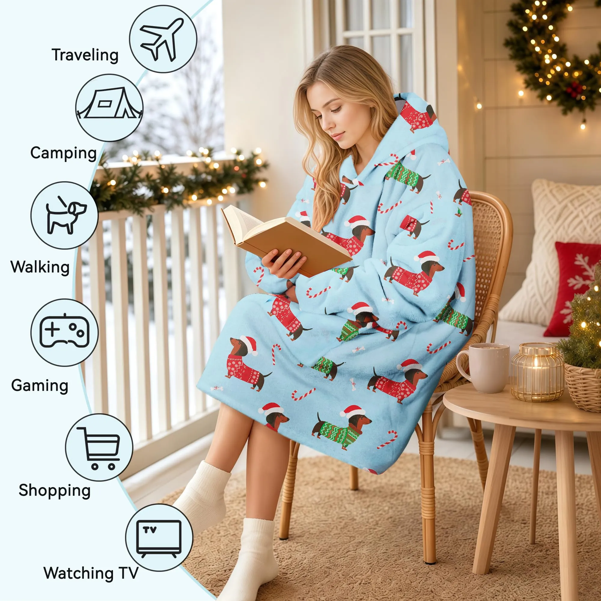 Queenshin Felpa Coperta con Cappuccio e Maniche Oversize Bassotto di Natale Blu Taglia Unica - immagine 6