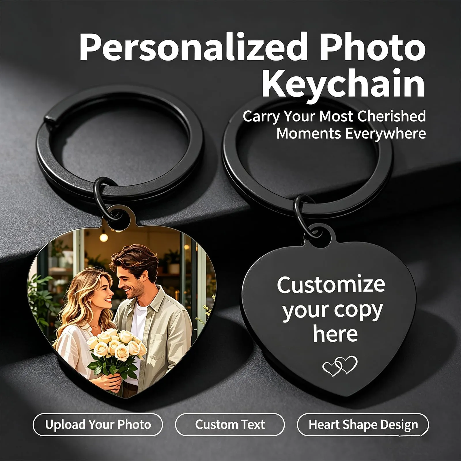Umitive Portachiavi Foto Personalizzato con Testo Inciso, Stile-6 - immagine 3