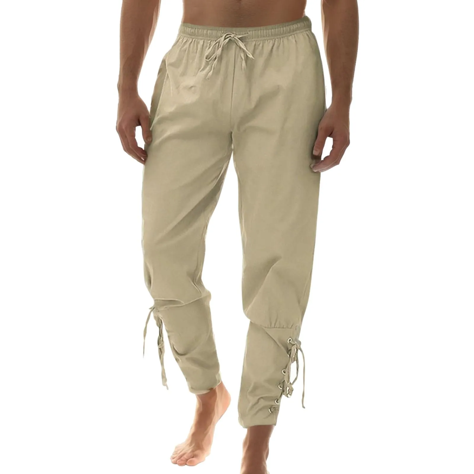 Generisch Pantaloni Medievali da Uomo in Lino Stile Rinascimentale Vichingo, Colore Kaki, 3XL - immagine 1