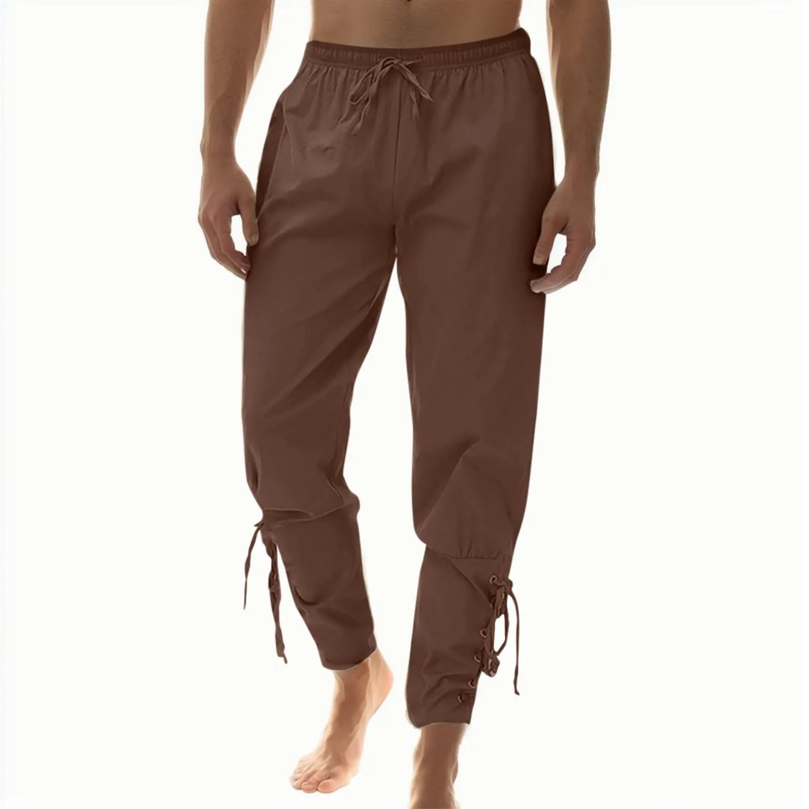Generisch Pantaloni Medievali da Uomo in Lino Stile Rinascimentale Vichingo, Marrone, L - immagine 3