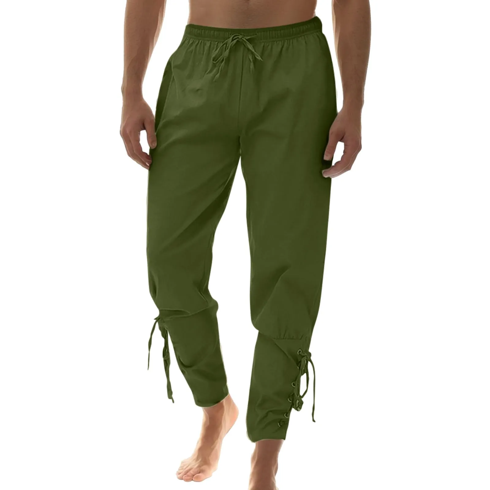 Generisch Pantaloni Medievali in Lino Stile Rinascimentale per Uomo, Verde, L - immagine 1