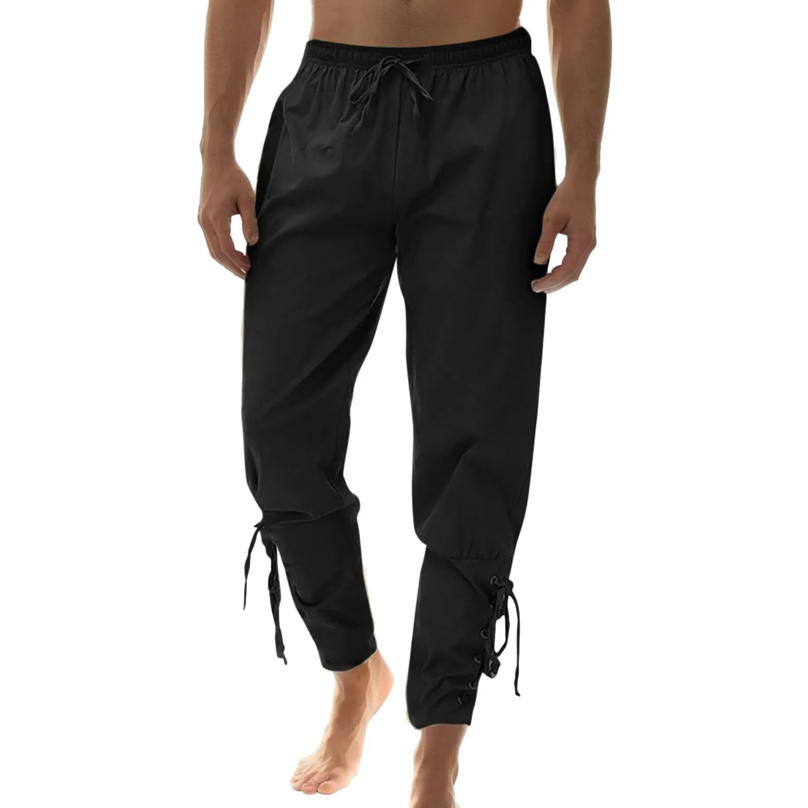 Generisch Pantaloni Medievali da Uomo in Lino Stile Rinascimentale Vichingo, Nero, XL - immagine 1
