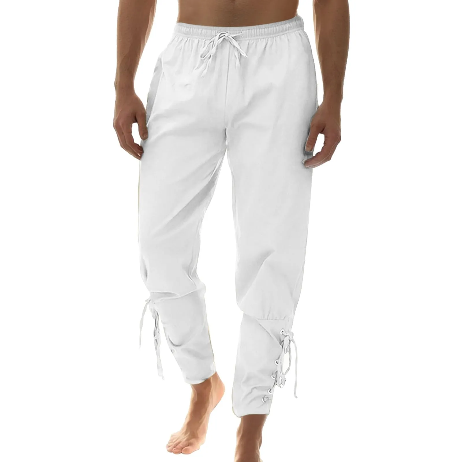 Generisch Pantaloni Medievali in Lino Stile Rinascimentale per Uomo, Bianco, M - immagine 1
