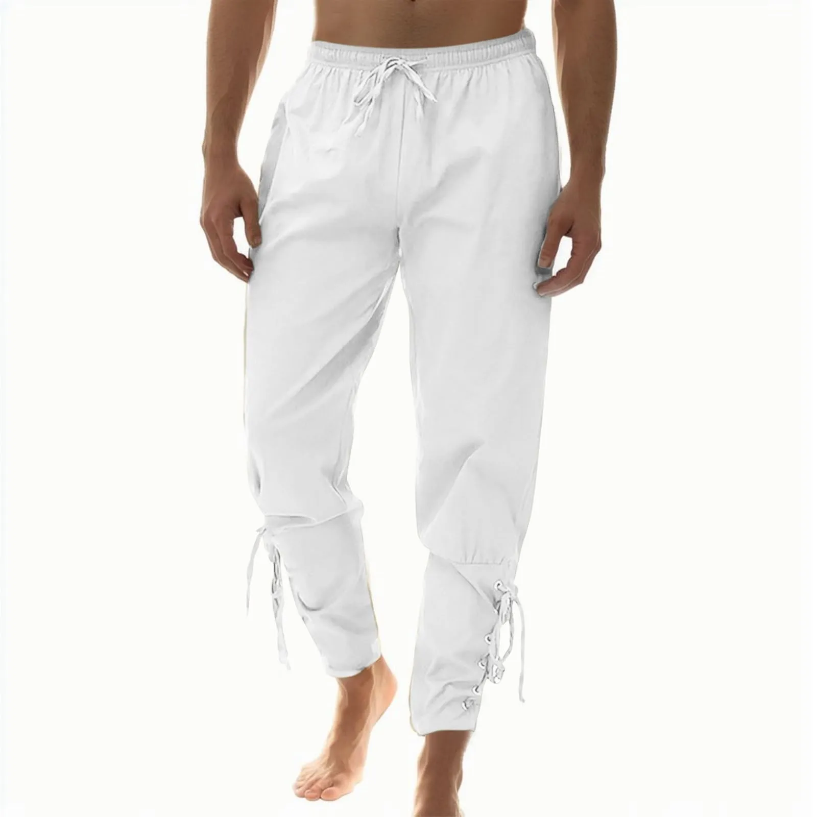 Generisch Pantaloni Medievali in Lino Stile Rinascimentale per Uomo, Bianco, M - immagine 3
