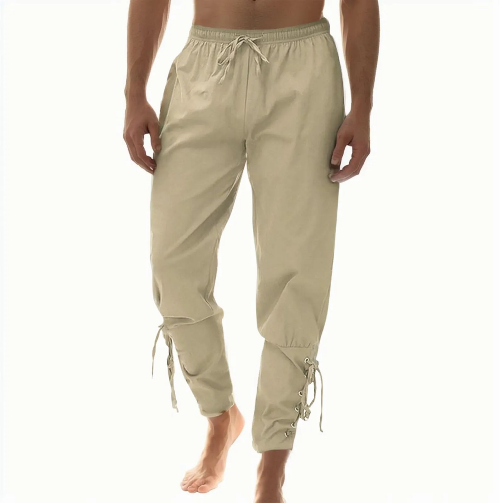 Generisch Pantaloni Medievali in Lino Stile Rinascimentale e Vichingo con Lacci e Tasche, Kaki, L - immagine 3