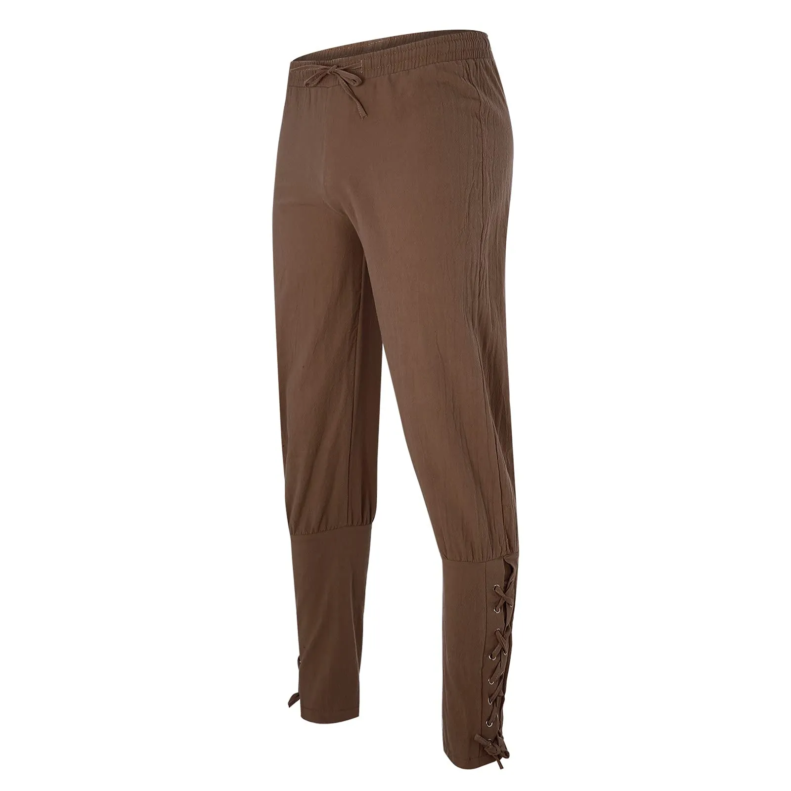 Generisch Pantaloni Medievali in Lino da Uomo Stile Rinascimentale Vichingo con Lacci e Tasche, Marrone, M - immagine 6