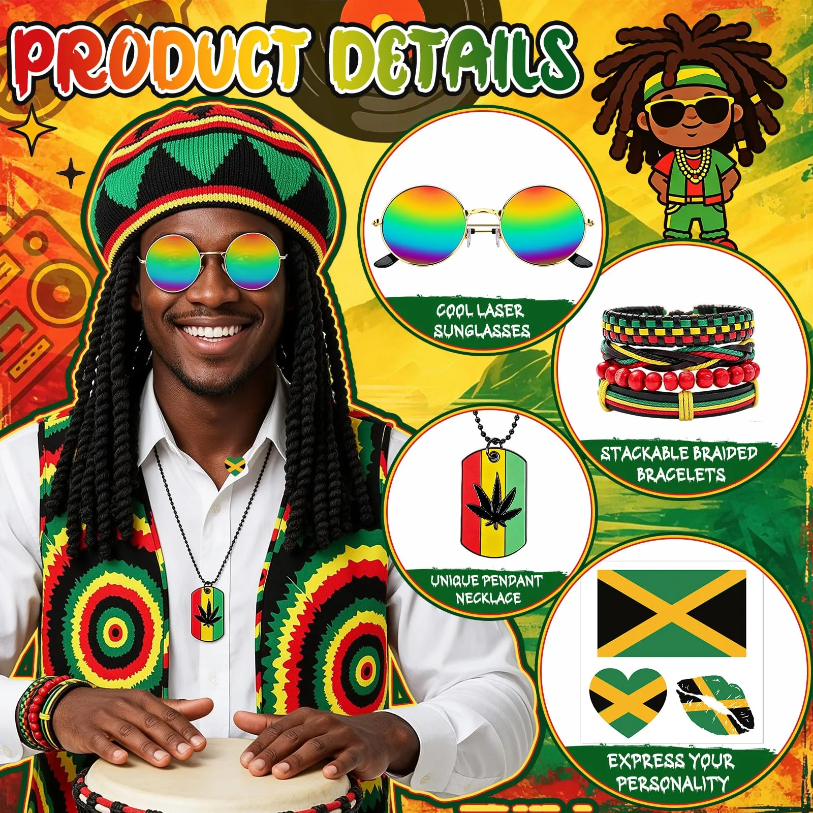 KufaerBeam Jamaica Reggae Set Accessori per Travestimento - immagine 3