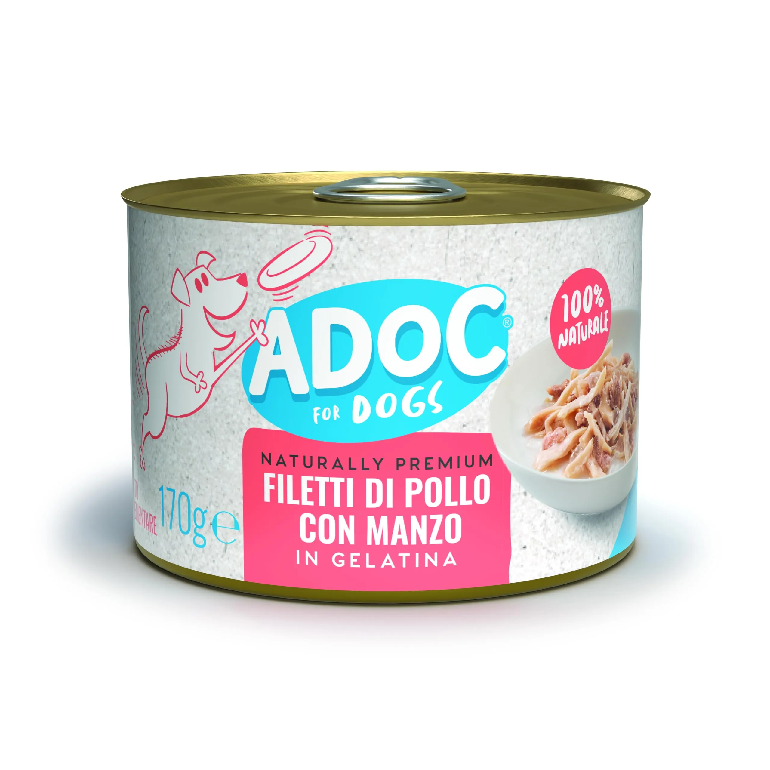Adoc Naturally Premium Alimento Umido Complementare per Cani, Filetti di Pollo con Manzo in Gelatina, 24 Lattine da 170 g - immagine 1