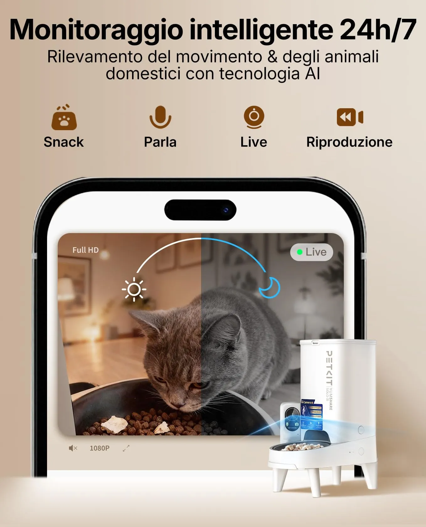 PETKIT YumShare Solo 2 Distributore Automatico di Cibo per Gatti con Telecamera HD 1080p, Riconoscimento Multiplo Gatti, Wi-Fi 2.4/5 GHz, Capacità 3L, Ciotola in Acciaio Inossidabile - immagine 2