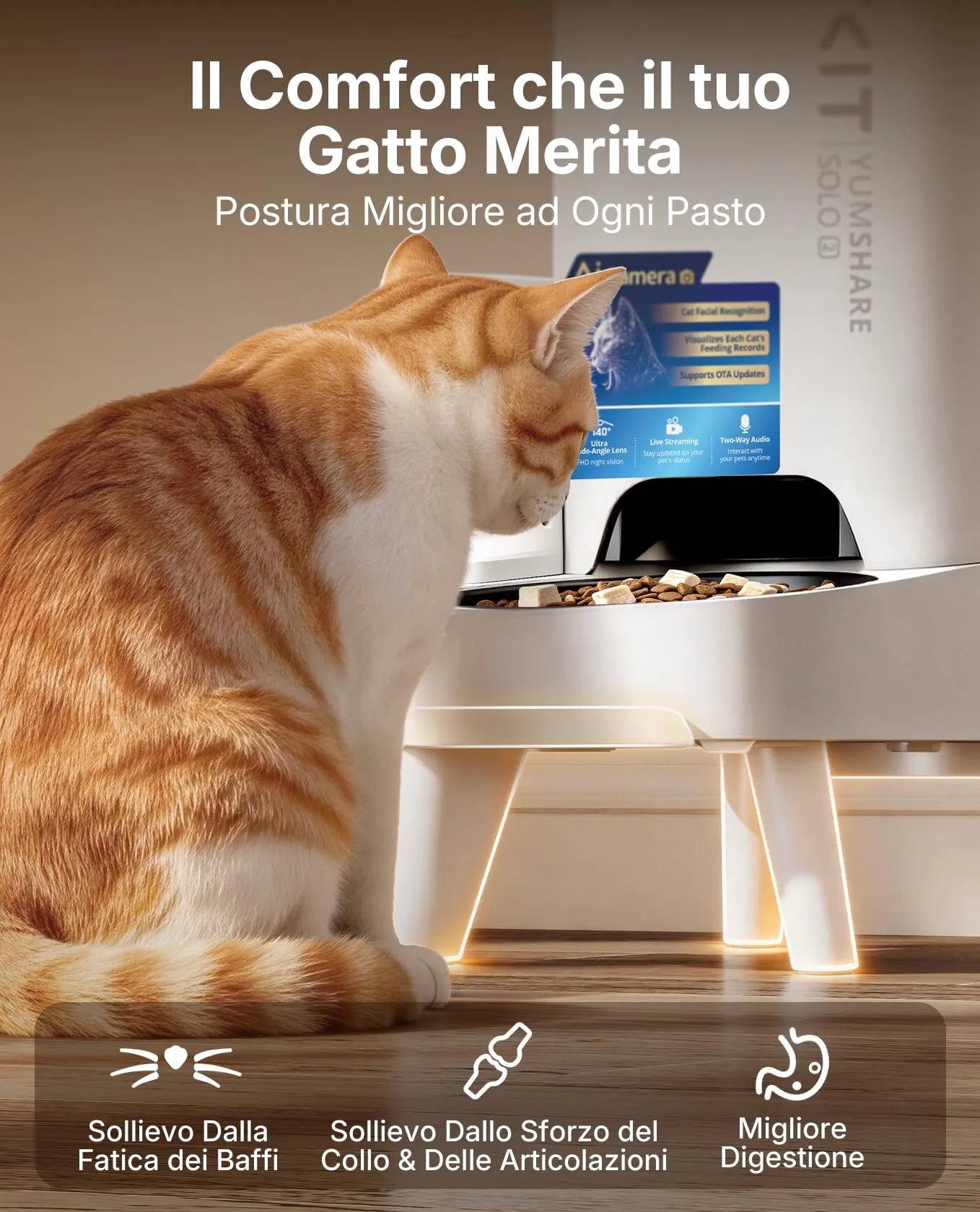 PETKIT YumShare Solo 2 Distributore Automatico di Cibo per Gatti con Telecamera HD 1080p, Riconoscimento Multiplo Gatti, Wi-Fi 2.4/5 GHz, Capacità 3L, Ciotola in Acciaio Inossidabile - immagine 8