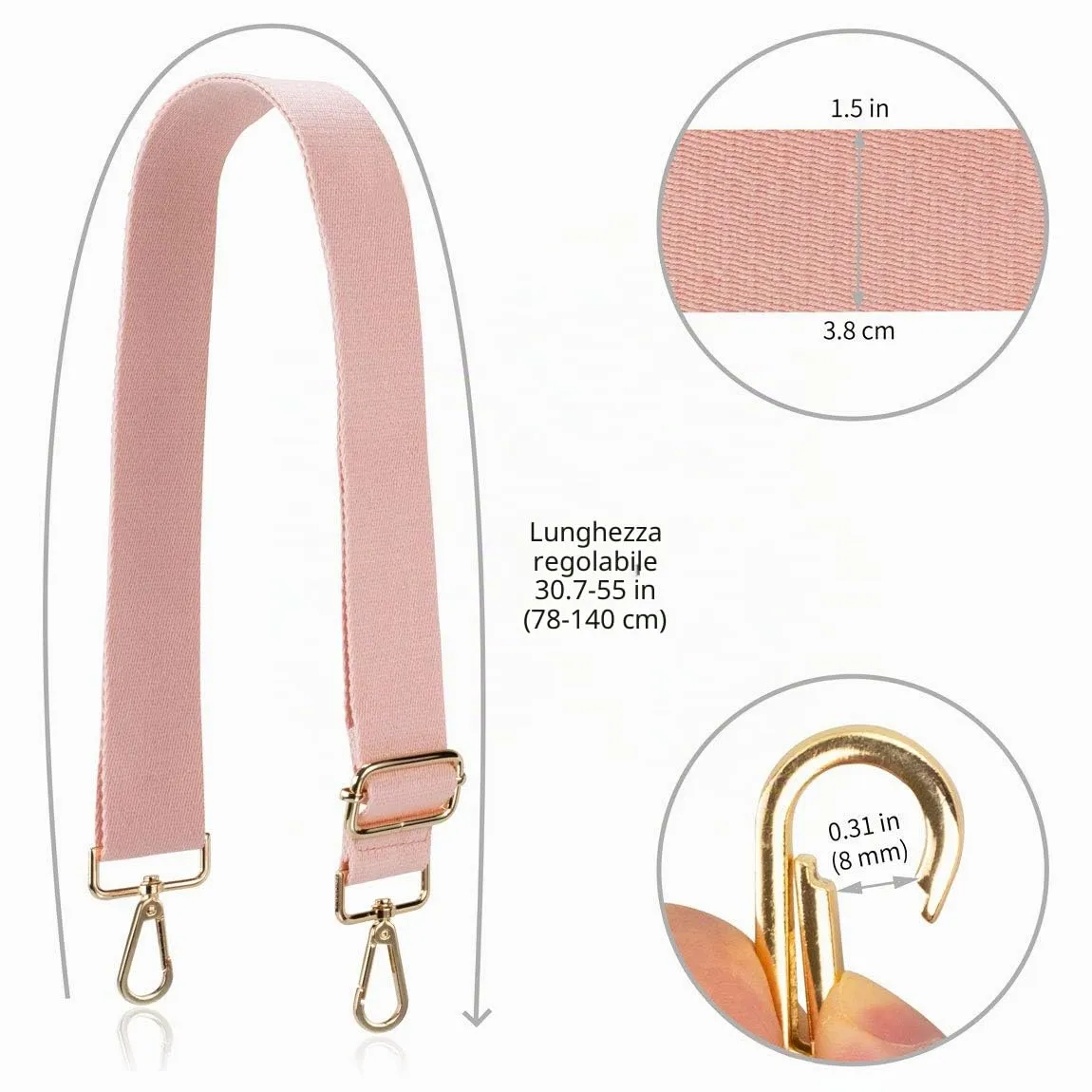 Allzedream Tracolla per Borsa Regolabile in Cotone, Rosa Chiaro, M - immagine 5