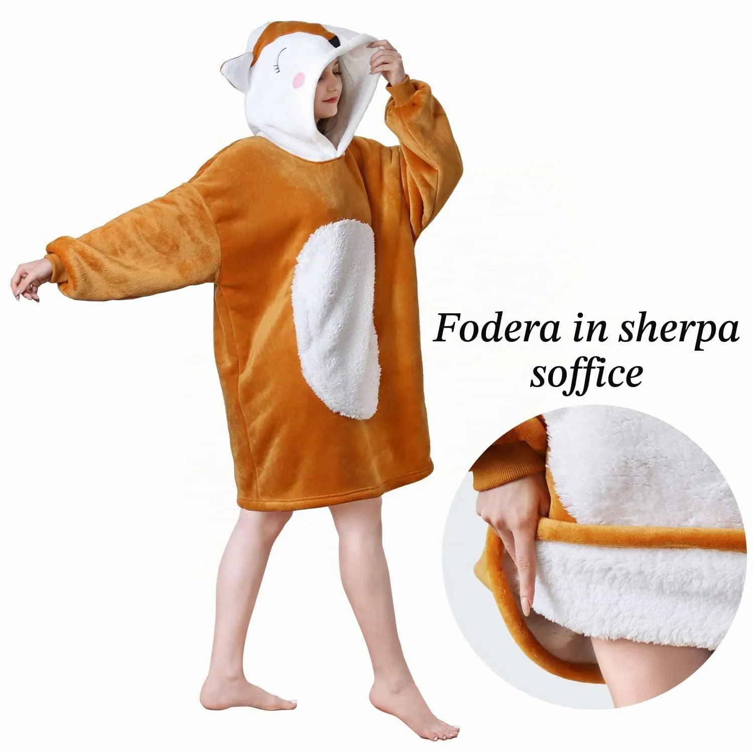 Queenshin Felpa Coperta Indossabile con Cappuccio Volpe Arancione in Pile Sherpa, Oversize Unisex - immagine 2
