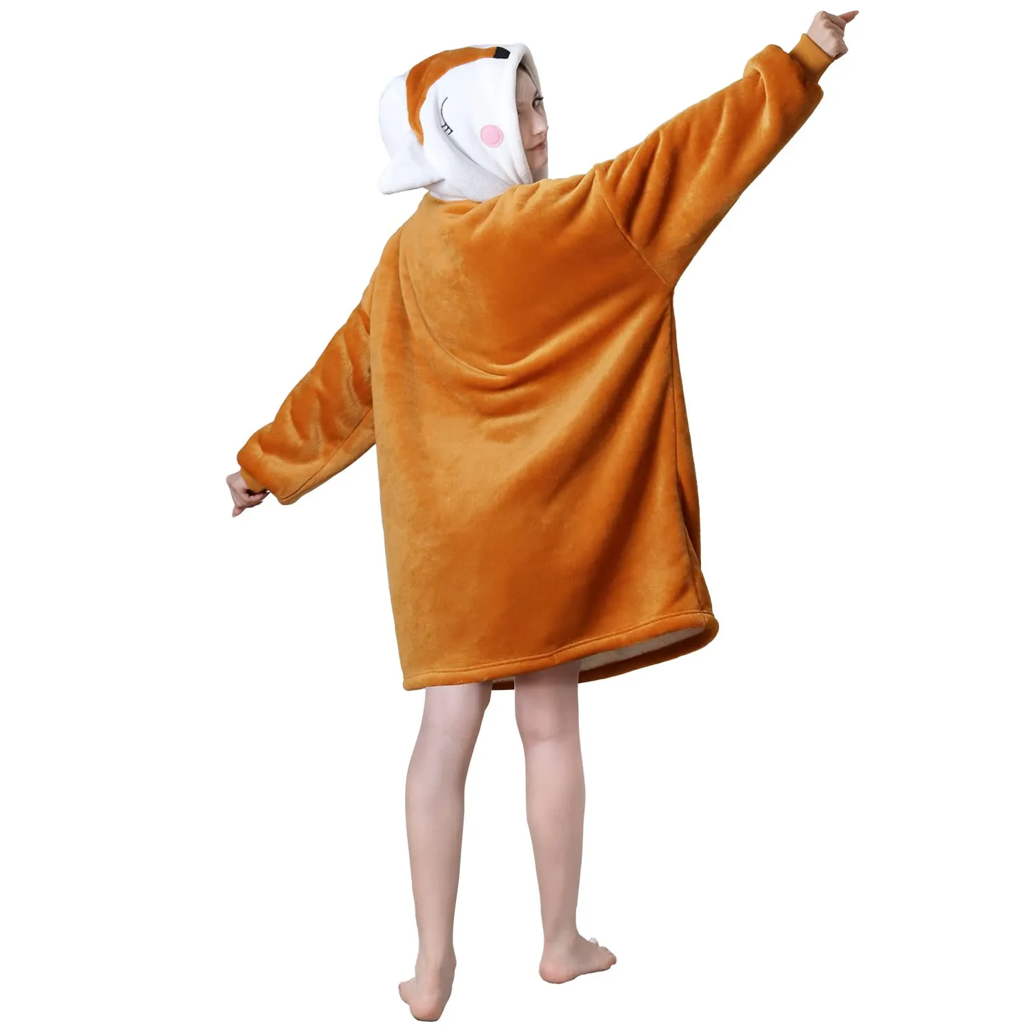 Queenshin Felpa Coperta Indossabile con Cappuccio Volpe Arancione in Pile Sherpa, Oversize Unisex - immagine 3