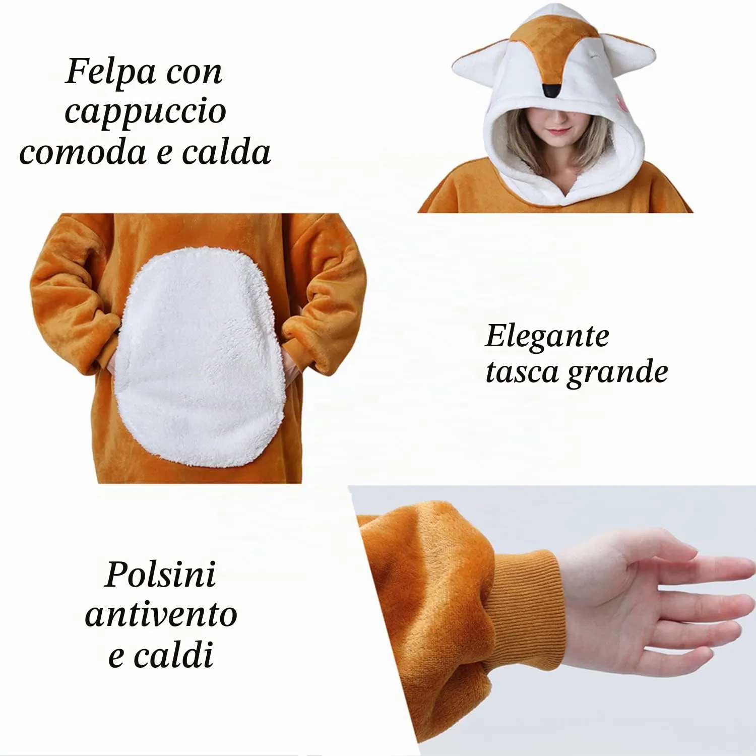 Queenshin Felpa Coperta Indossabile con Cappuccio Volpe Arancione in Pile Sherpa, Oversize Unisex - immagine 4