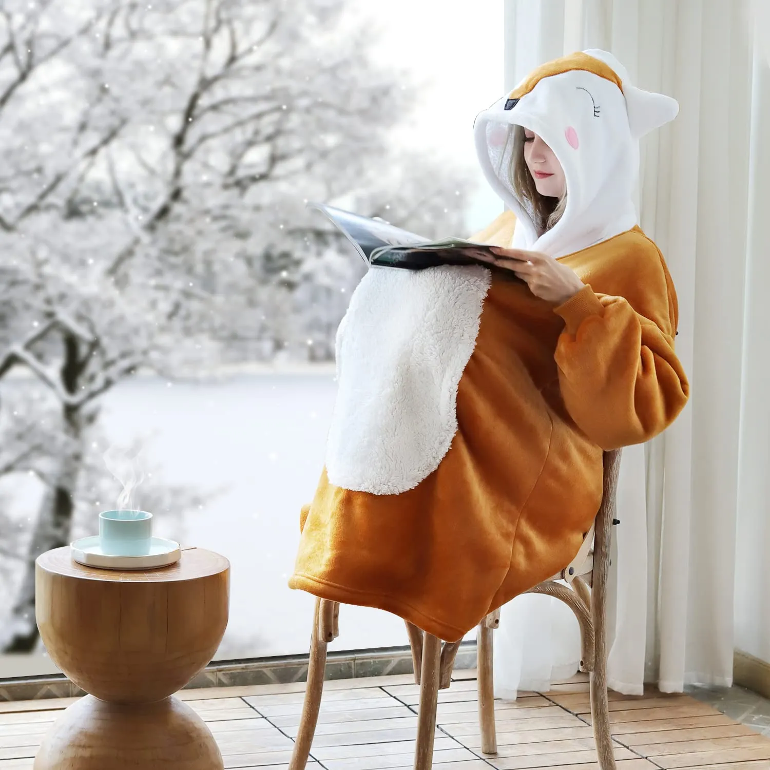 Queenshin Felpa Coperta Indossabile con Cappuccio Volpe Arancione in Pile Sherpa, Oversize Unisex - immagine 5