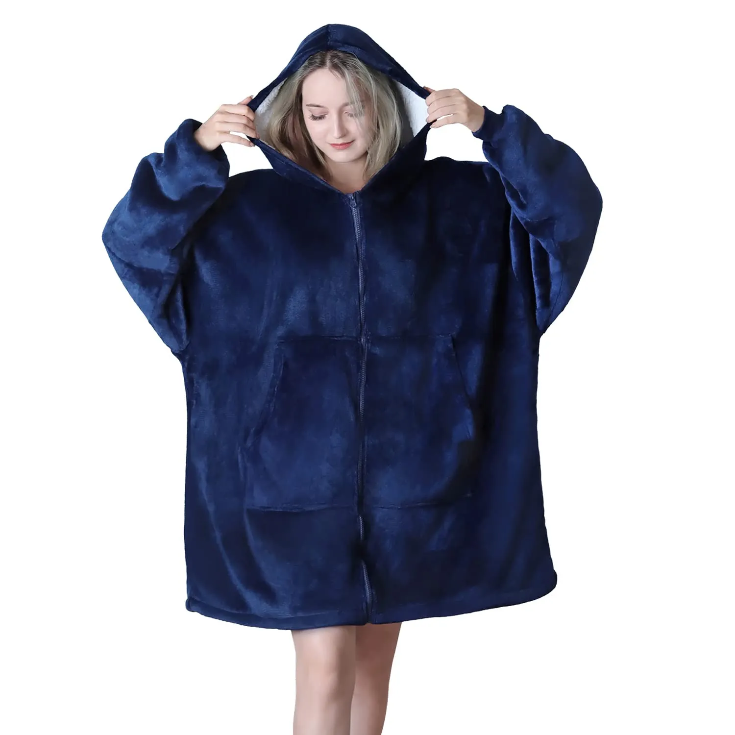 Queenshin Felpa Coperta Indossabile con Cerniera e Cappuccio, Blu Navy - immagine 1