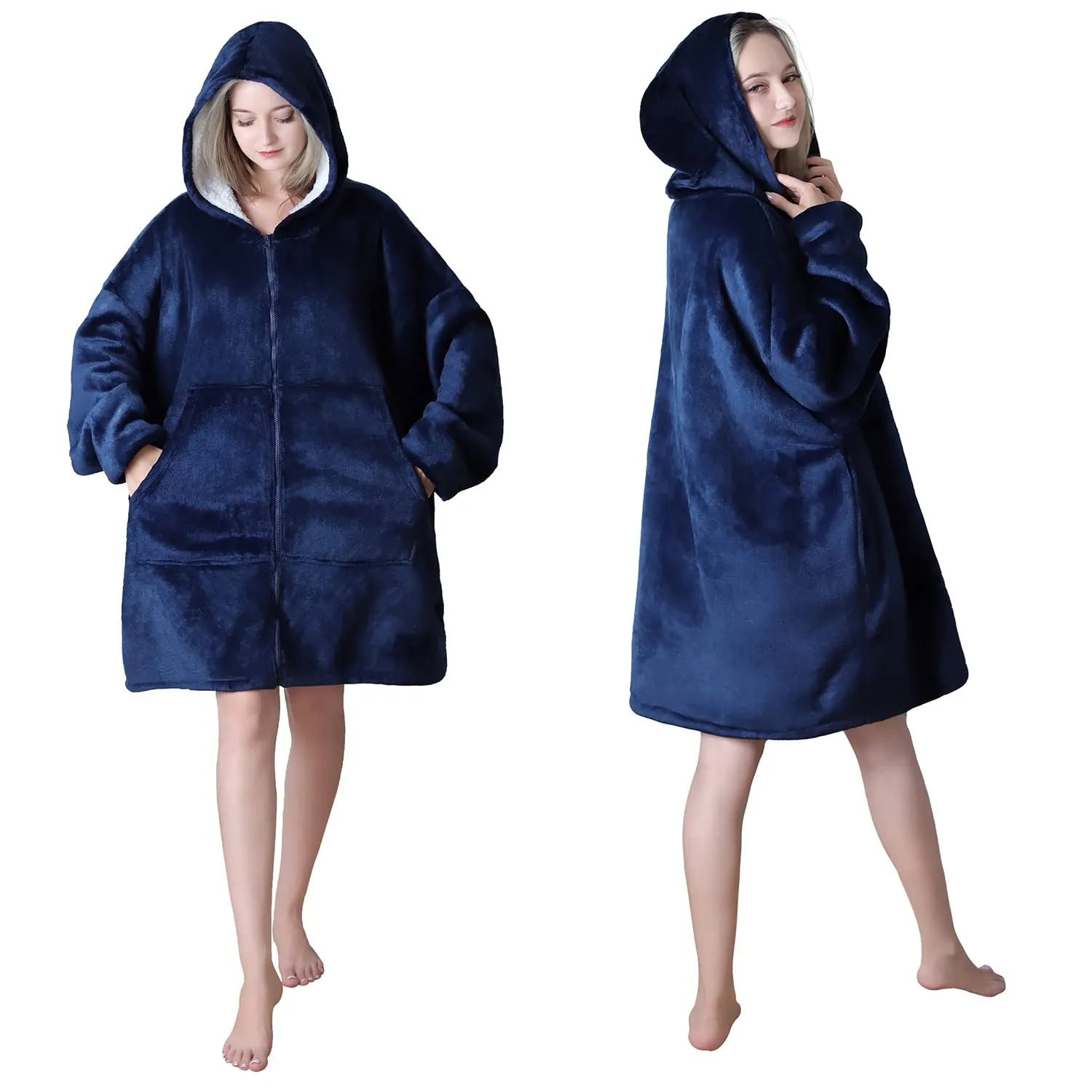 Queenshin Felpa Coperta Indossabile con Cerniera e Cappuccio, Blu Navy - immagine 2