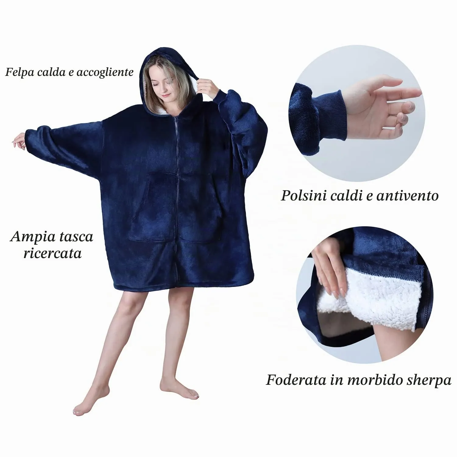 Queenshin Felpa Coperta Indossabile con Cerniera e Cappuccio, Blu Navy - immagine 3