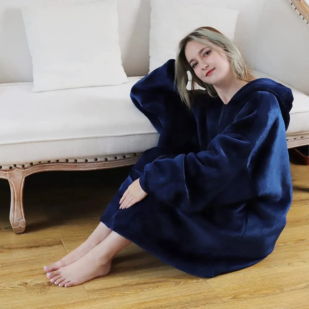 Queenshin Felpa Coperta Indossabile con Cerniera e Cappuccio, Blu Navy - immagine 5