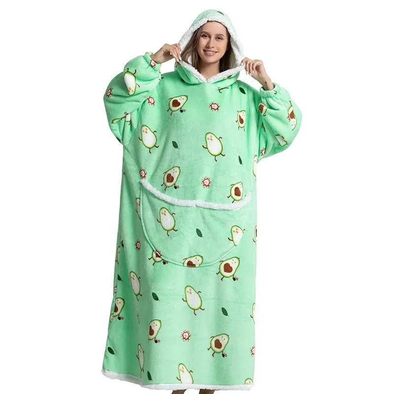 Queenshin Felpa Coperta Indossabile con Cappuccio Avocado, Pile Sherpa Oversize Extra Lunga per Donna e Uomo - immagine 2