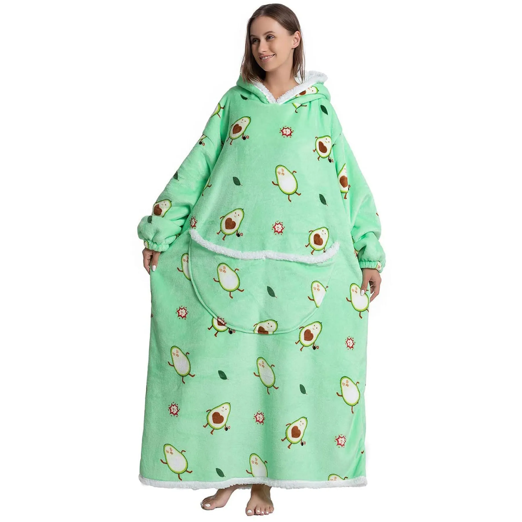 Queenshin Felpa Coperta Indossabile con Cappuccio Avocado, Pile Sherpa Oversize Extra Lunga per Donna e Uomo - immagine 3